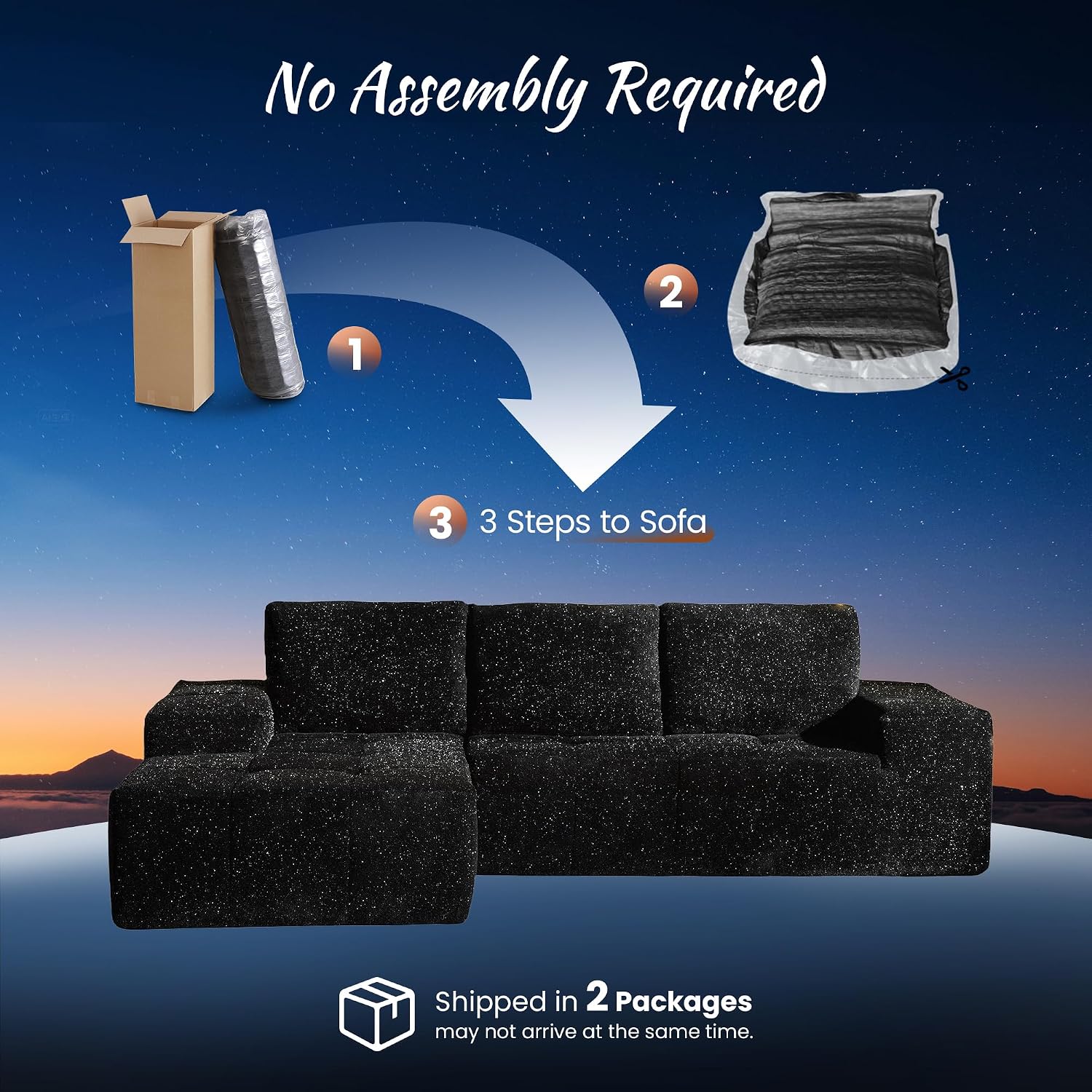 ovios 115' Cloud Boneless Couch with Glitter Fabric, Moudular Sectional Sofa with Deep Seat, No Assembly Required, Modern Minimalist L Shaped Couches with Chaise for Living Room, Black
