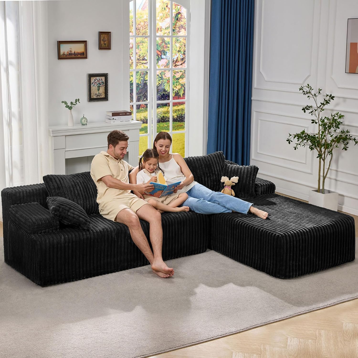 Modular Sectional Sofa Couches L-Shape Couch 3 Seat Modular Sofa Memory Foam Sectional Couches for Living Room, Cloud Couch with Oversized Chaise (Black Stripe, 108' Right Facing Chaise)