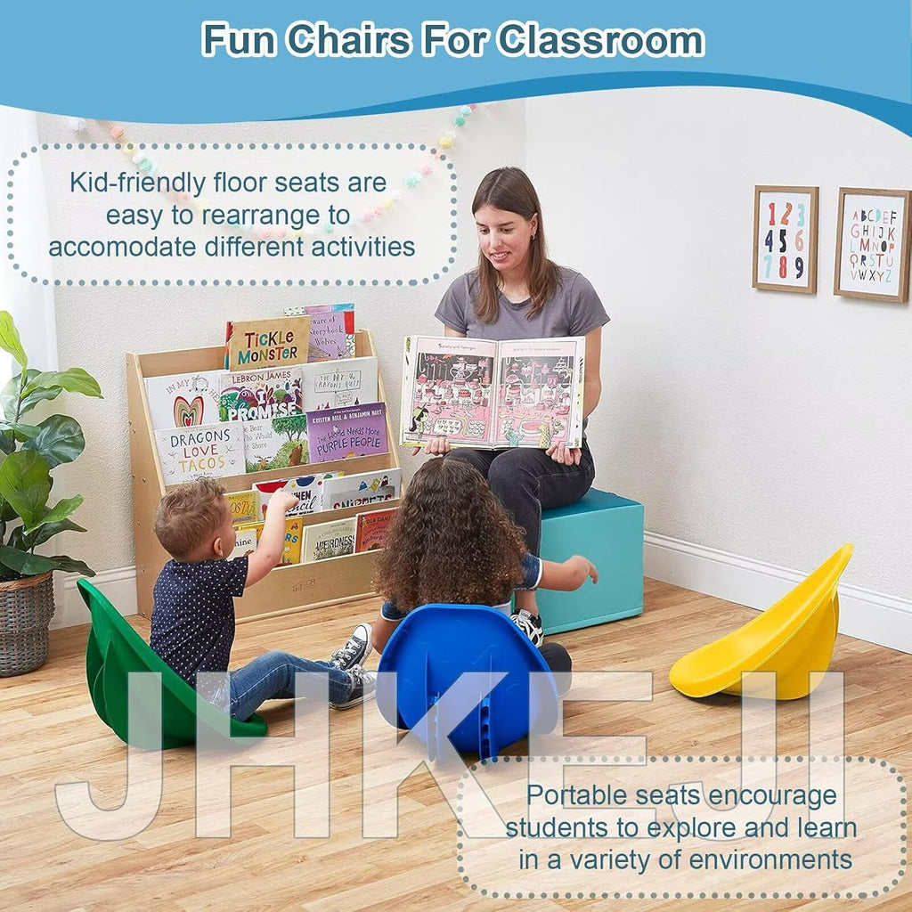 4 Packs Blue Scoop Rocker, Autism Sensory Rocking Chair, Fun Wobble Chairs for Classroom Elementary, Portable Floor Seating with Back Support, Plastic Reading Chair with Handle for Indoor Outdoor