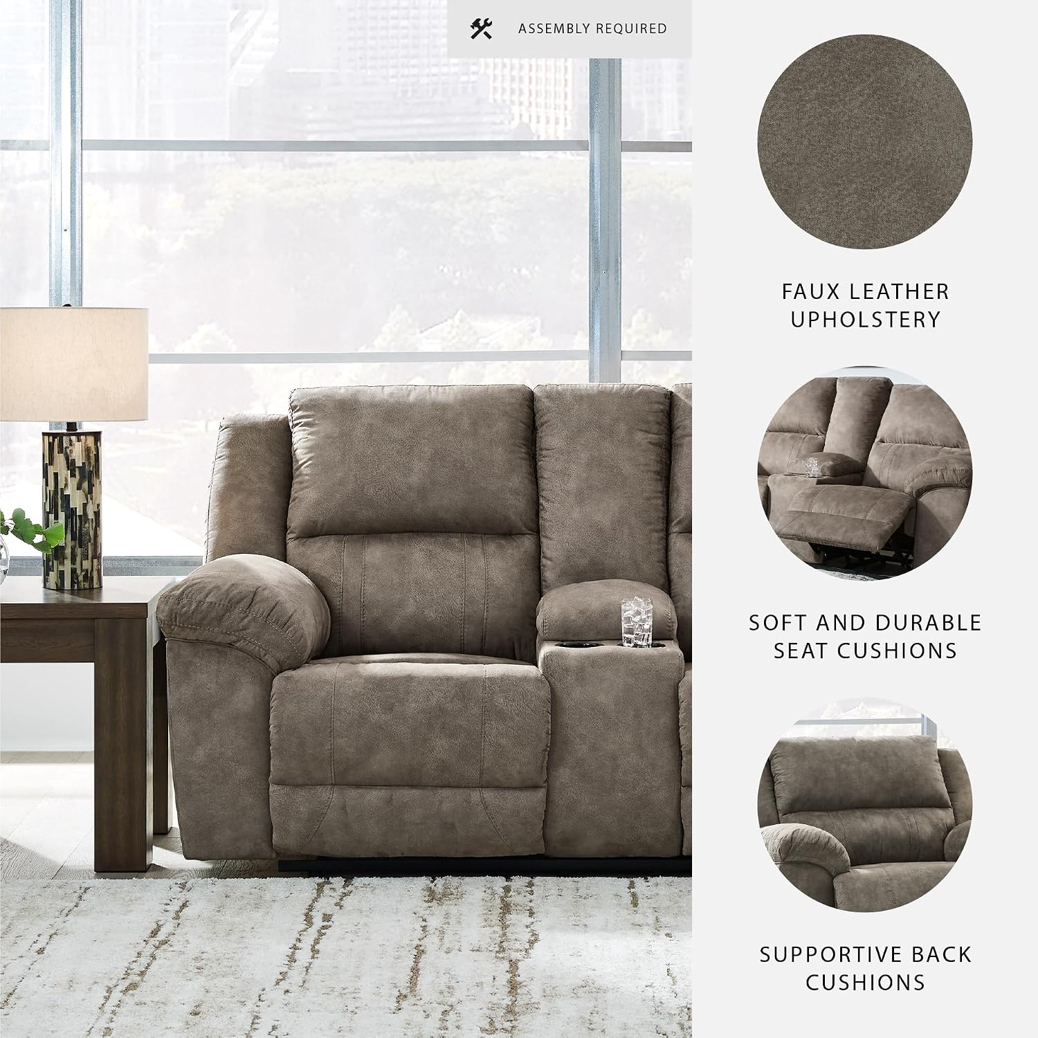 Signature Design by Ashley Laresview Contemporary Faux Leather Manual Double Reclining Loveseat with Console, Storage and Cup Holders, Gray