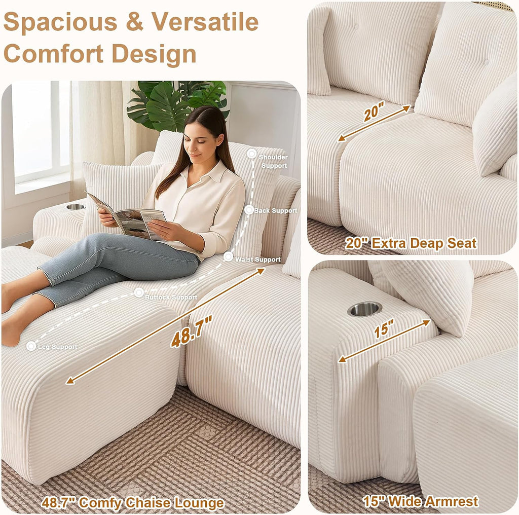 118' Modular Sectional Sofa with Cup Holders, Modern Boneless Sectional Couch with Side Storage Pockets and Movable Ottoman, Oversized L-Shape Couch for Living Room Bedroom, Apartments, White