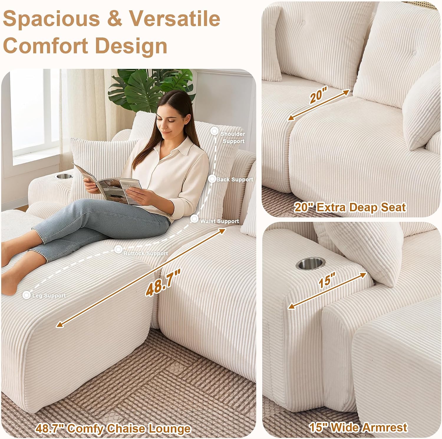 118' Modular Sectional Sofa with Cup Holders, Modern Boneless Sectional Couch with Side Storage Pockets and Movable Ottoman, Oversized L-Shape Couch for Living Room Bedroom, Apartments, White