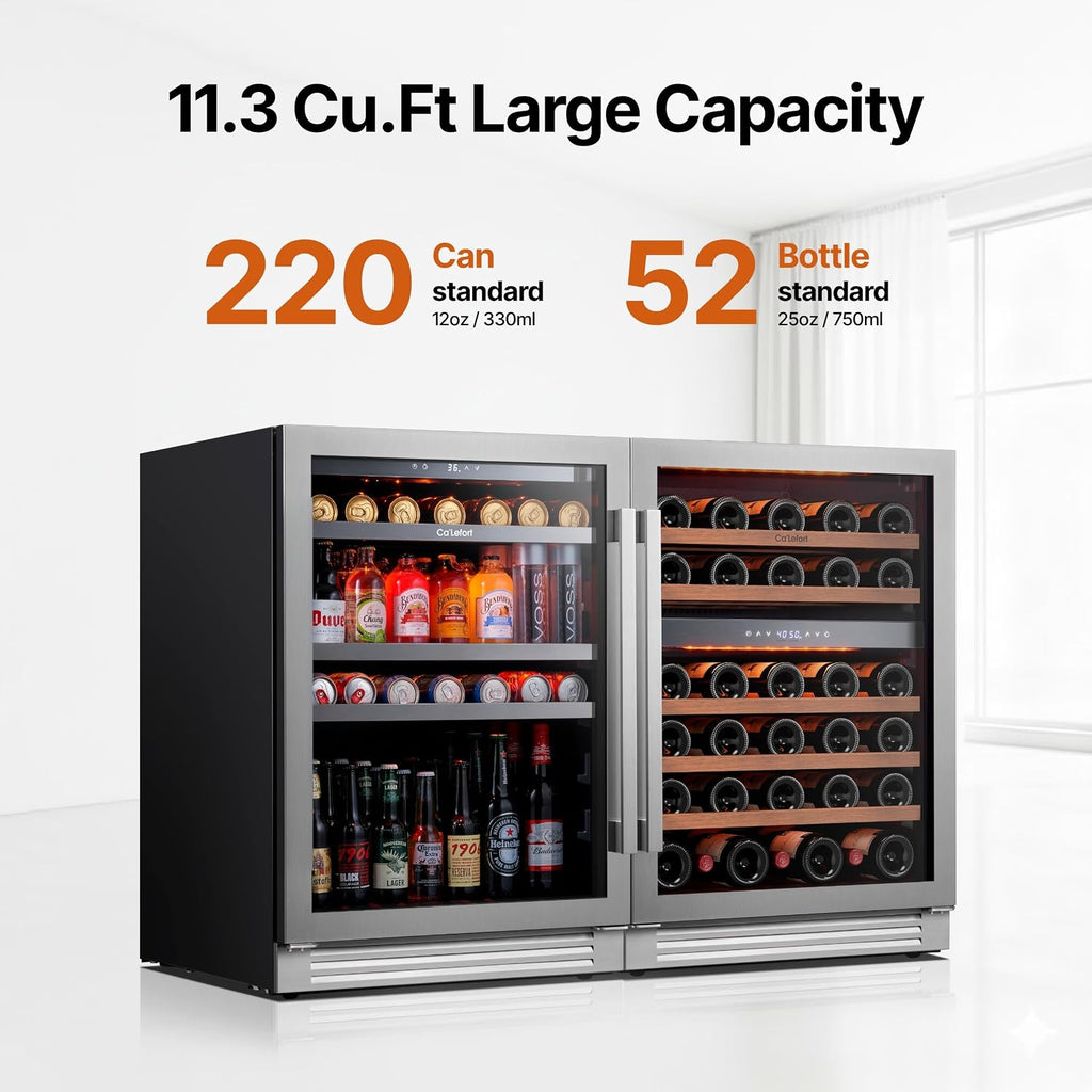 Ca'Lefort Wine Beverage Refrigerator Bundle - 48 Inch 34-65°F Drink Fridge Glass Door, 3 LED Dual Zone Wine Fridge Built-in or Freestanding, Holds 220 Cans and 52 Bottles (11.3 Cu.ft)
