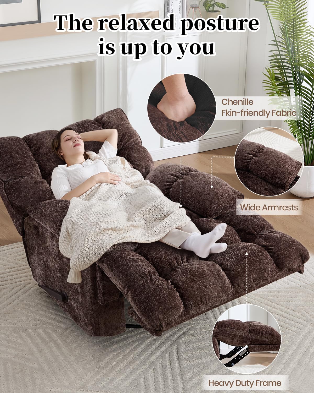 Oversized Manual Recliner Chair with 360° Swivel, Big and Tall Rocker Glider for Nursery Living Room, Chenille Overstuffed Reclining Sofa with Handle, 375lbs (Brown, Manual)
