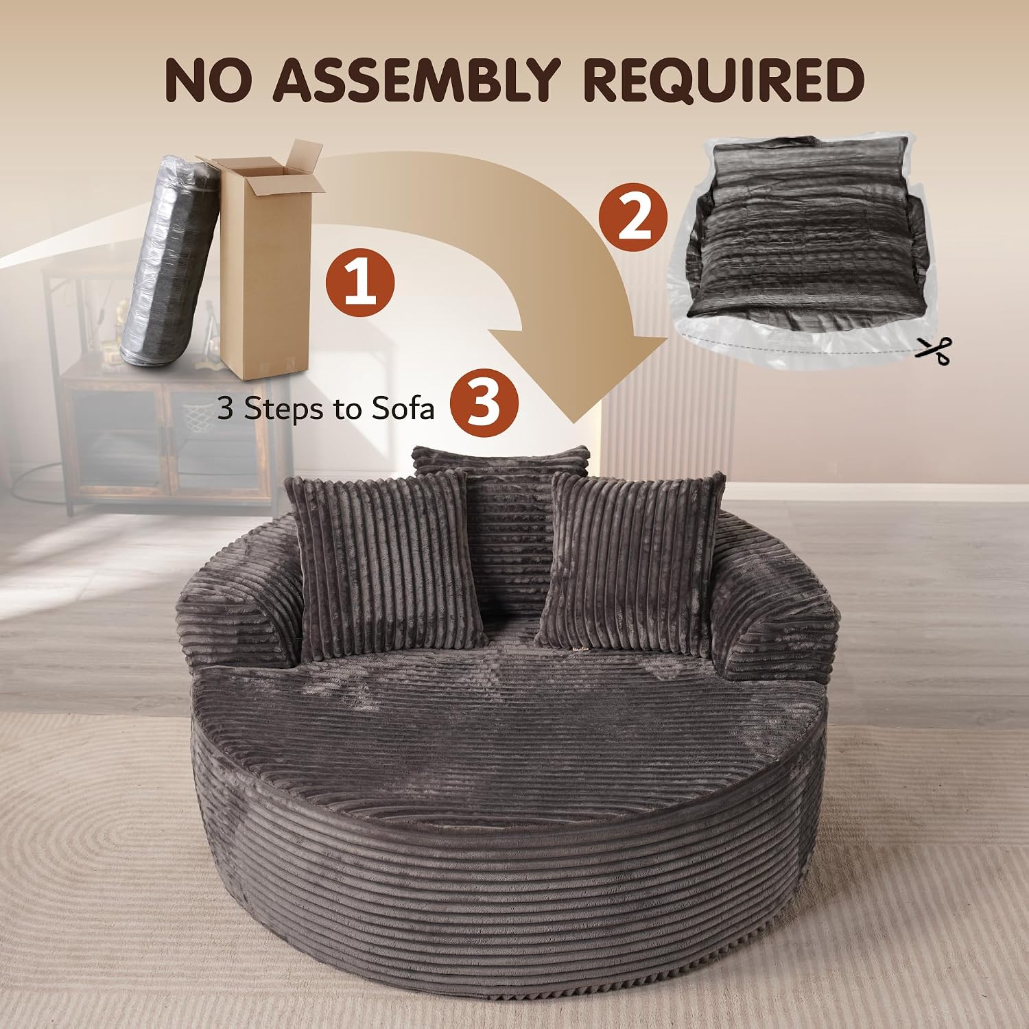 ovios 58' Oversized Round Chair Lounge Chaise Indoor, No Assembly Required, Cloud Large Circle Chair with Plush Fuax Fur, Fluffy Modern Sleeper Sofa Bed for Reading Yoga, Grey (Plush Corduroy Fabric)