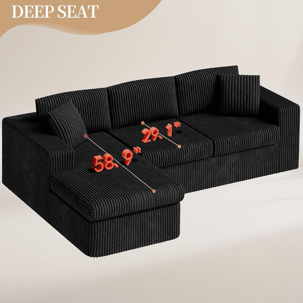 Vongrasig 105' Boneless Couches for Living Room, Sectional Couches Modular Sofa with L-Shaped Chaise, Memory Foam Comfy Cloud Couch with Plush Corduroy Fabric, No Assembly Required, Black