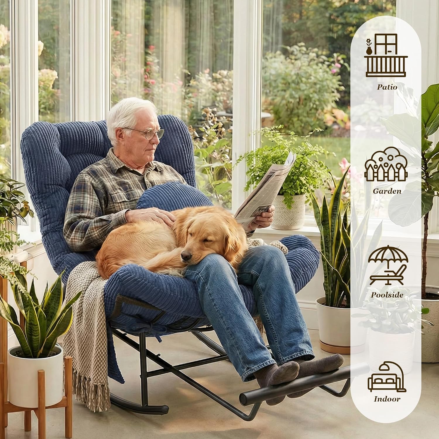 Rocking Chair Indoor & Outdoor, Oversized Patio Papasan Recliner Chair with Footstool Pillow & Side Pocket for Bedroom, Living Room, Garden, Balcony, Lawn (Blue)