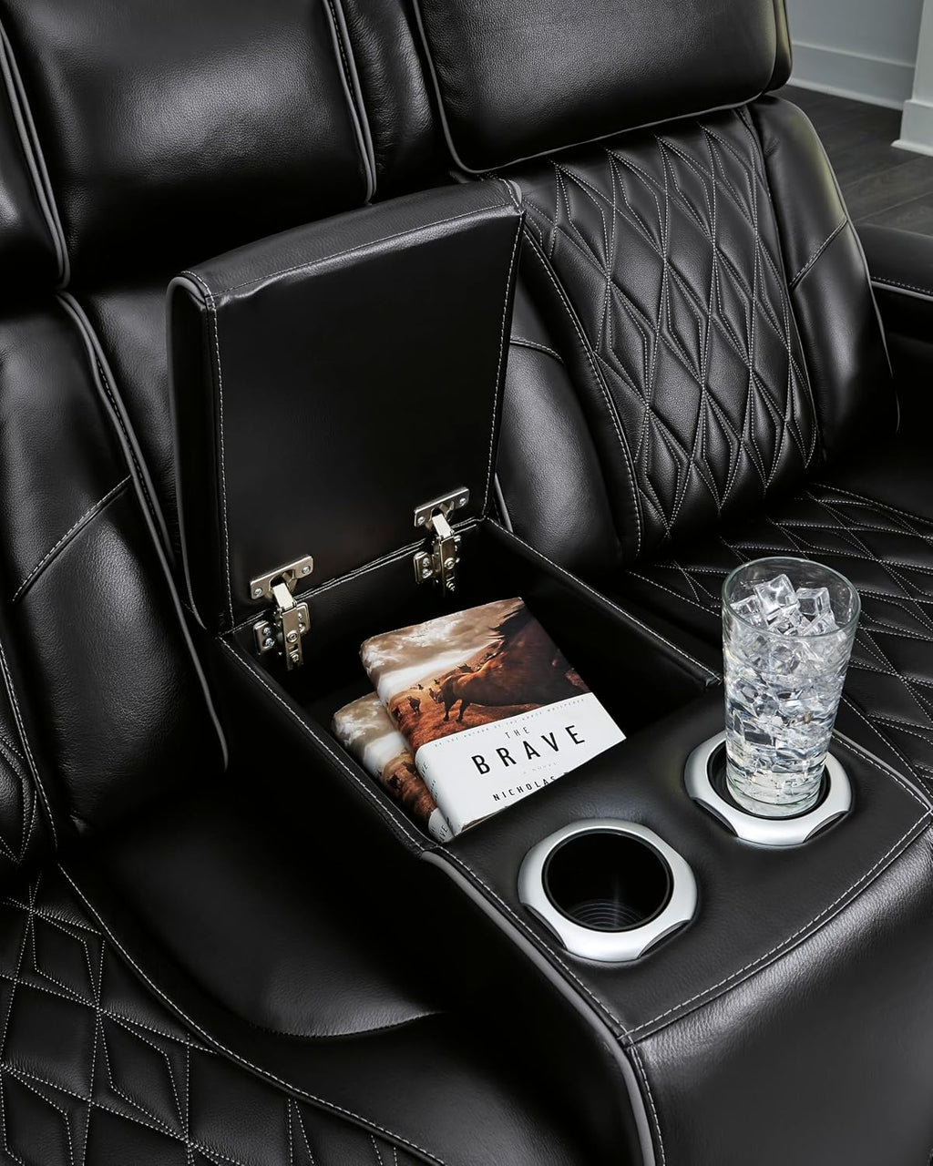 Signature Design by Ashley Boyington Modern Leather Match Power Reclining Loveseat with Console, Adjustable Headrest, Massage, Heated Seat and LED Lights, Black