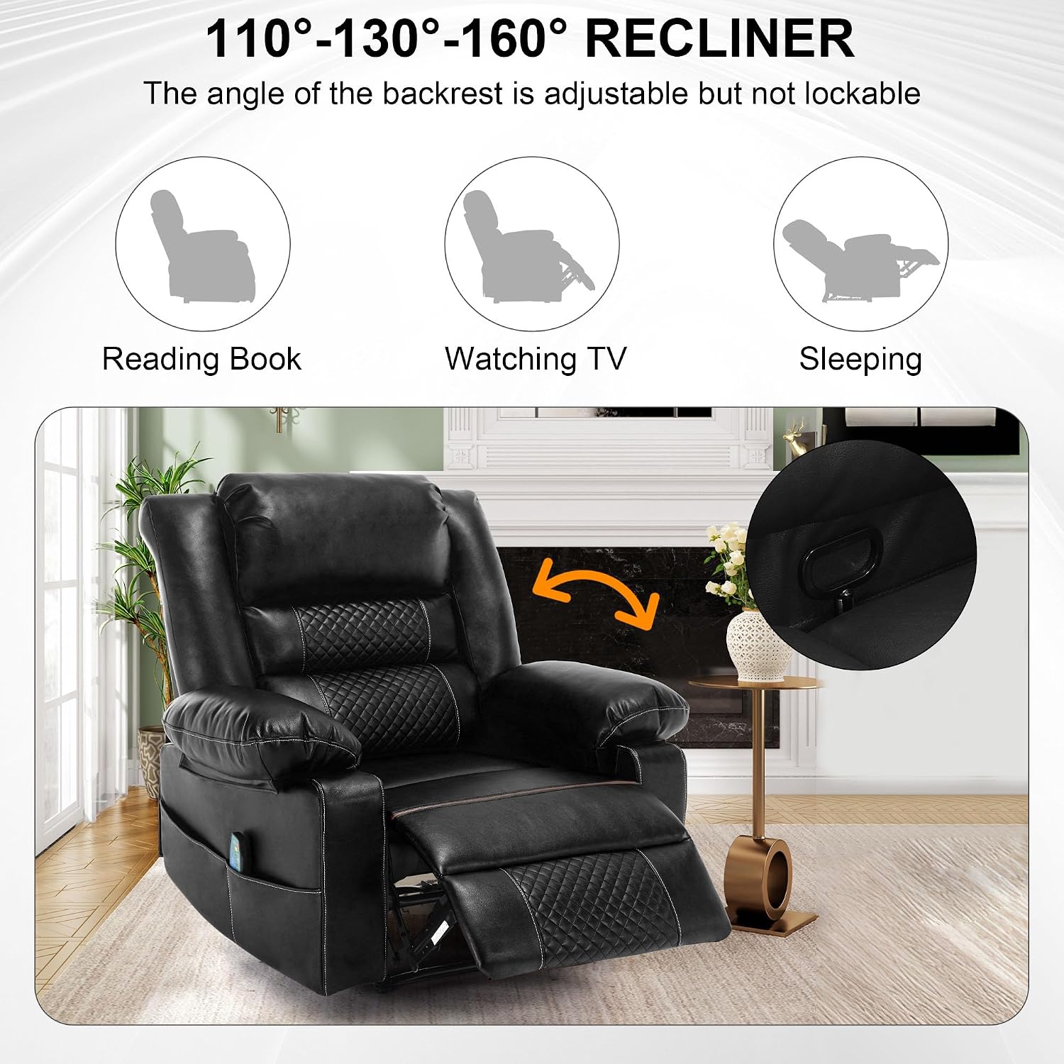 Massage Chair Recliner with Heat,Comfotable Lazy Boy Recliner Chair with 2 Side Pockets,Manual Recliners Chairs for Adults,Oversized Recliners Chairs for Big and Tall Man,Heavy Duty,PU Leather(Back)