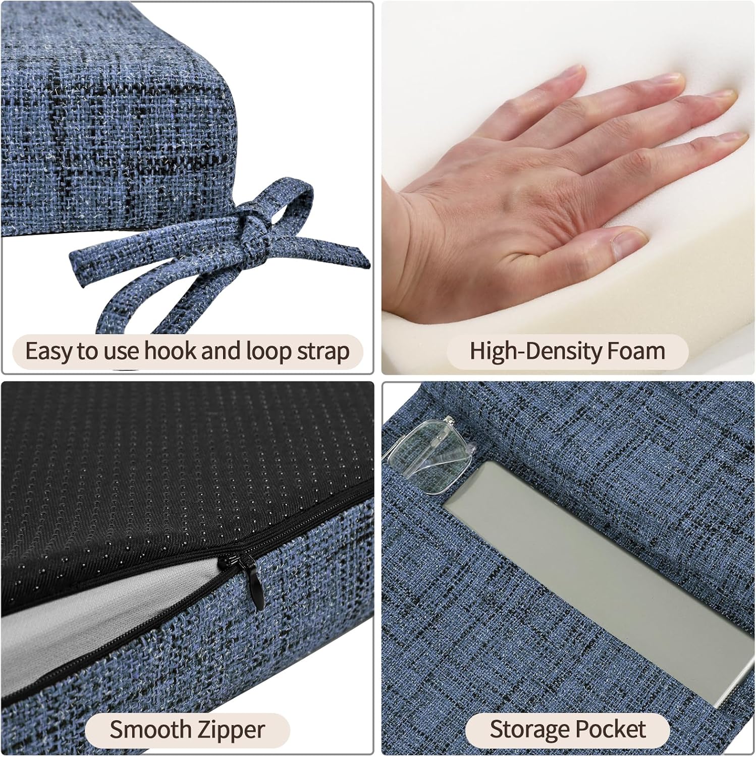 SINOSSO Glider Rocker Cushion Set (5 Pcs), Soft Blended Fabric High-Density Support Foam Seat Cushions with Ties, Fits Rocking Chair/Nursery Glider & Ottoman, Blue