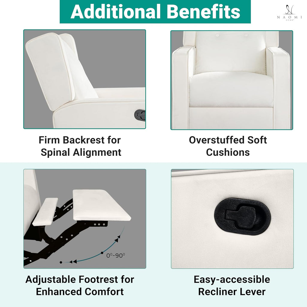Naomi Home Swivel Rocker Recliner Chair for Adults and Elders, Comfortable Living Room Recliner with 360° Swivel, Manual Reclining with Adjustable Footrest, Ergonomic Back Support