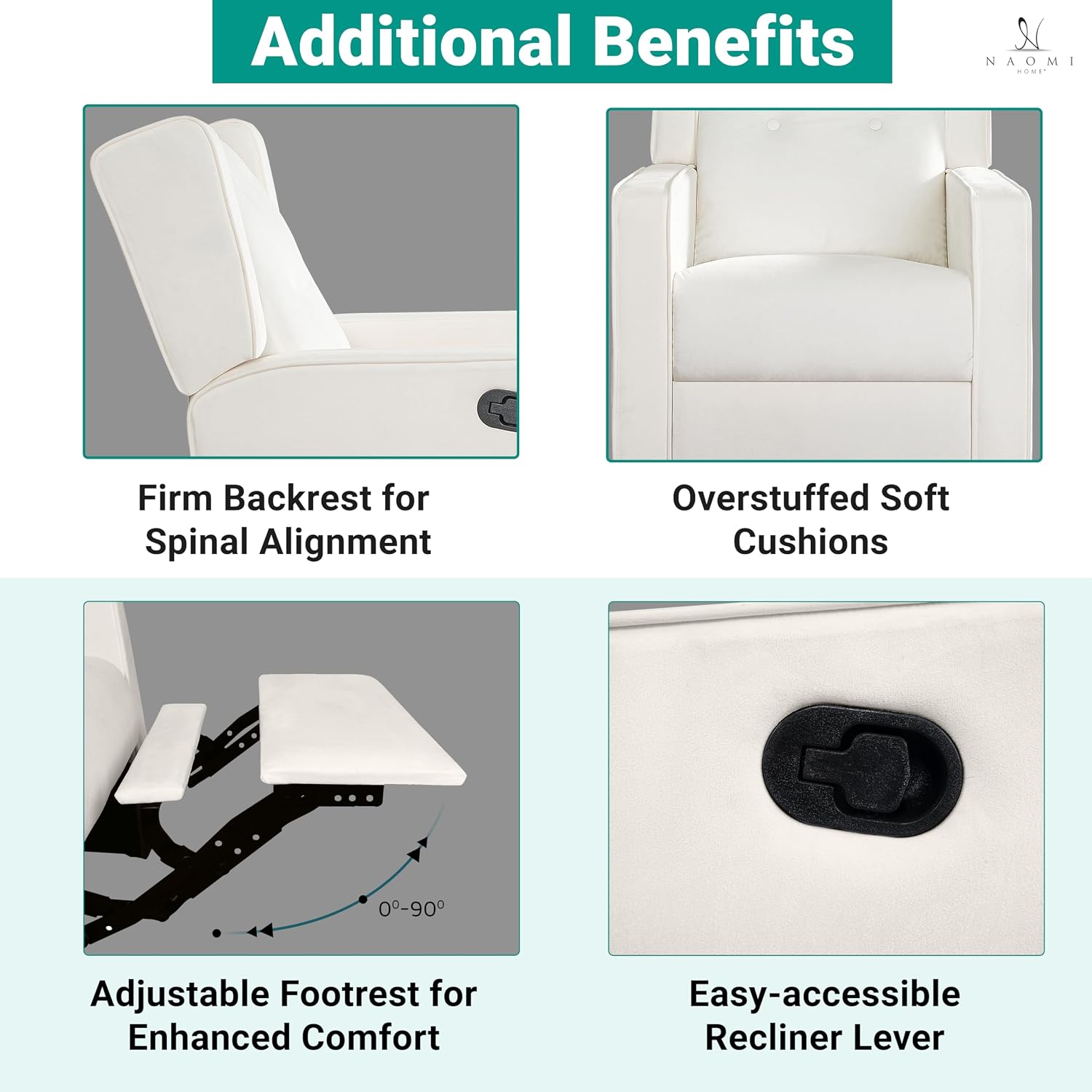 Naomi Home Swivel Rocker Recliner Chair for Adults and Elders, Comfortable Living Room Recliner with 360° Swivel, Manual Reclining with Adjustable Footrest, Ergonomic Back Support