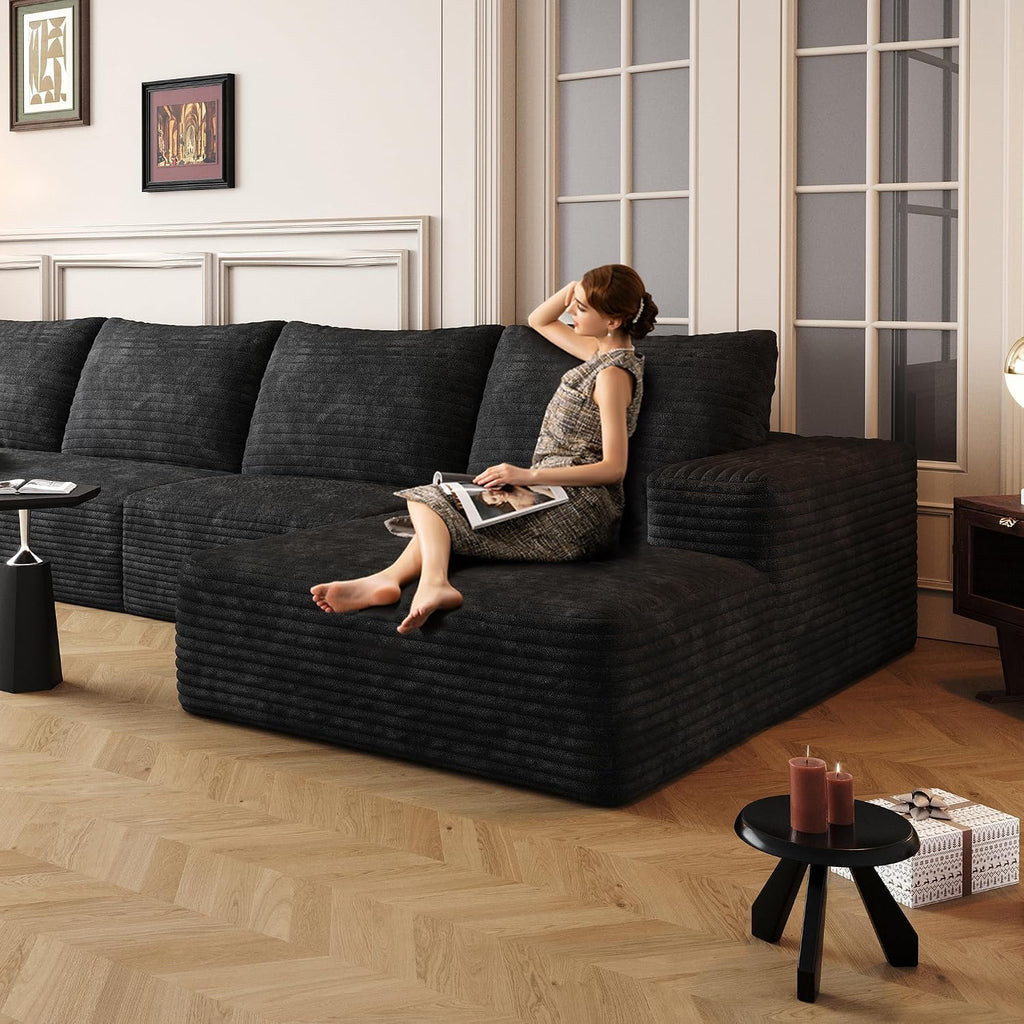 Ball & Cast 107' Cloud Sectional Couch with L-Shape Chaise,Plush Corduroy Boneless Modular Sofa with Deep Seat,Upholstered Couches for Living Room Bedroom,No Assembly Required,Black(Left Facing)