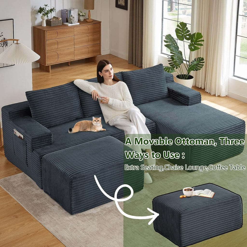 96.1' Modular Sectional Sofa with Ottoman, Modern Corduroy Cloud Couch, Boneless Couch Upholstered 3-Seater U-Shaped Sofa for Living Room, No Assembly (Dark Grey, Right-Facing Chaise)