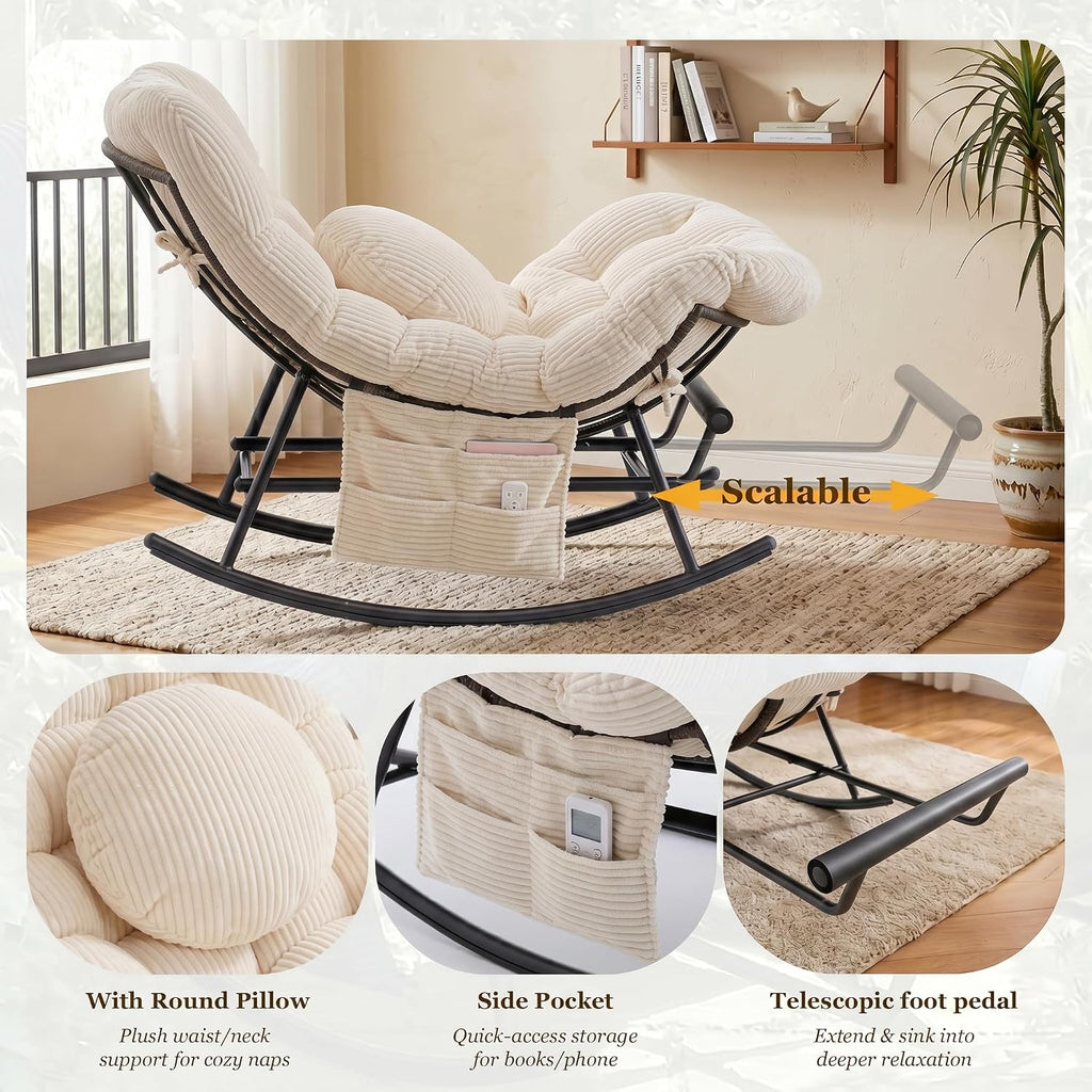 Rocking Chair Indoor & Outdoor, Oversized Patio Papasan Recliner Chair with Footstool Pillow & Side Pocket for Bedroom, Living Room, Garden, Balcony, Lawn (Beige)