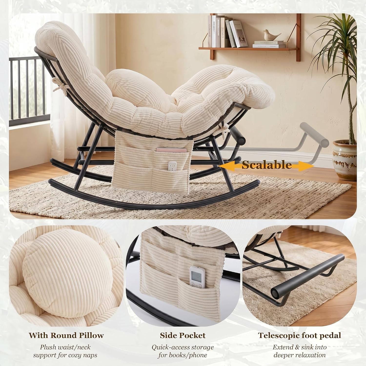 Rocking Chair Indoor & Outdoor, Oversized Patio Papasan Recliner Chair with Footstool Pillow & Side Pocket for Bedroom, Living Room, Garden, Balcony, Lawn (Beige)