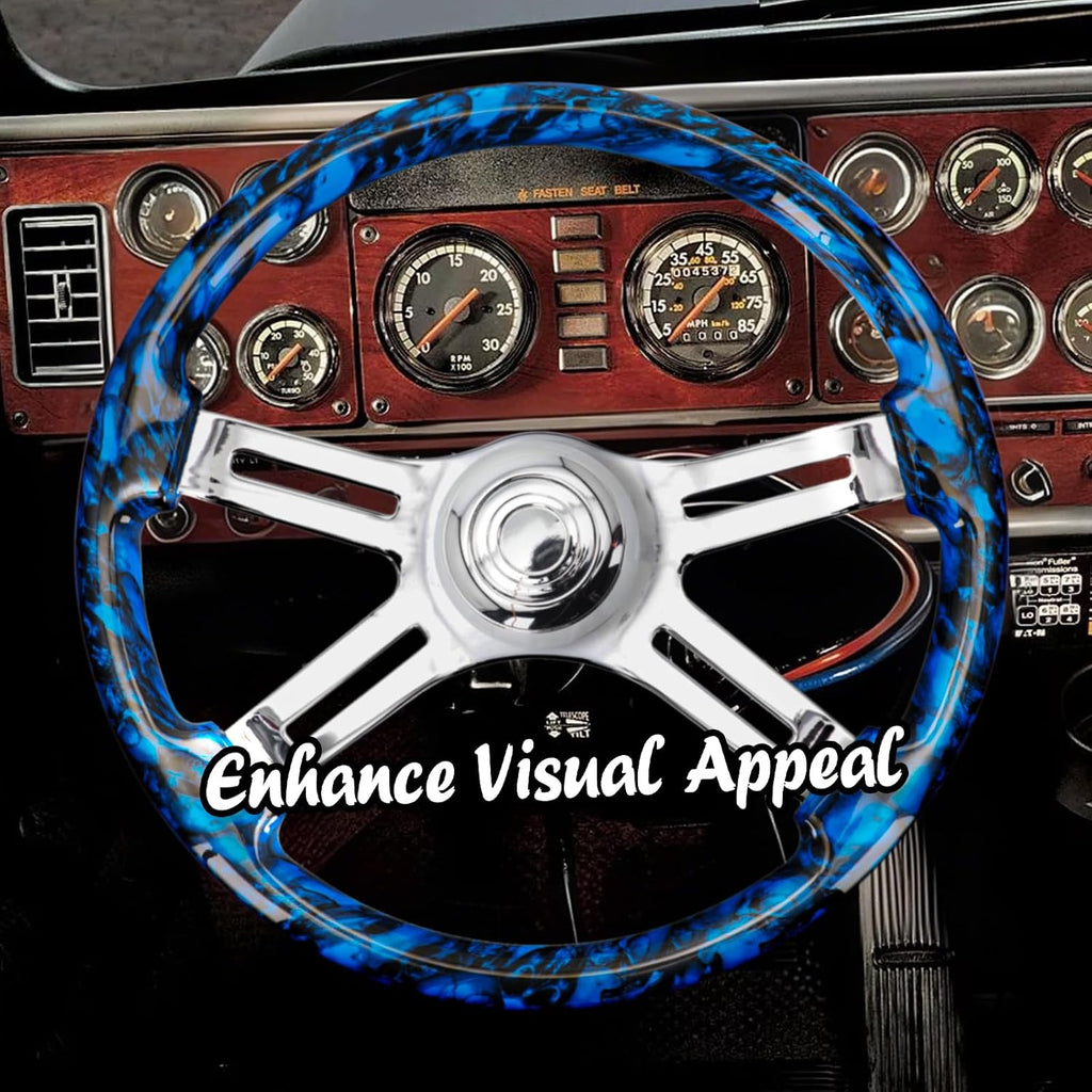 Sorghum 18' Solid Wood Steering Wheel - Hydrographic Blue Skulls 4 Spokes Aluminum Chrome Steering Wheel with Horn Button for Trucks Compatible with Mack Kenworth Peterbilt Volvo Freightliner