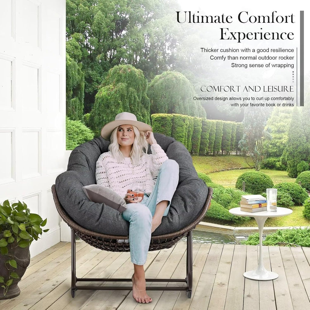 Outdoor Papasan Rocking Chair, Patio Oversized Wicker Egg Rocking Chair, Indoor & Outdoor Comfy Rocker Chair with Thick Cushion, Modern Lounge Chair for Front Porch, Garden, Backyard, Grey