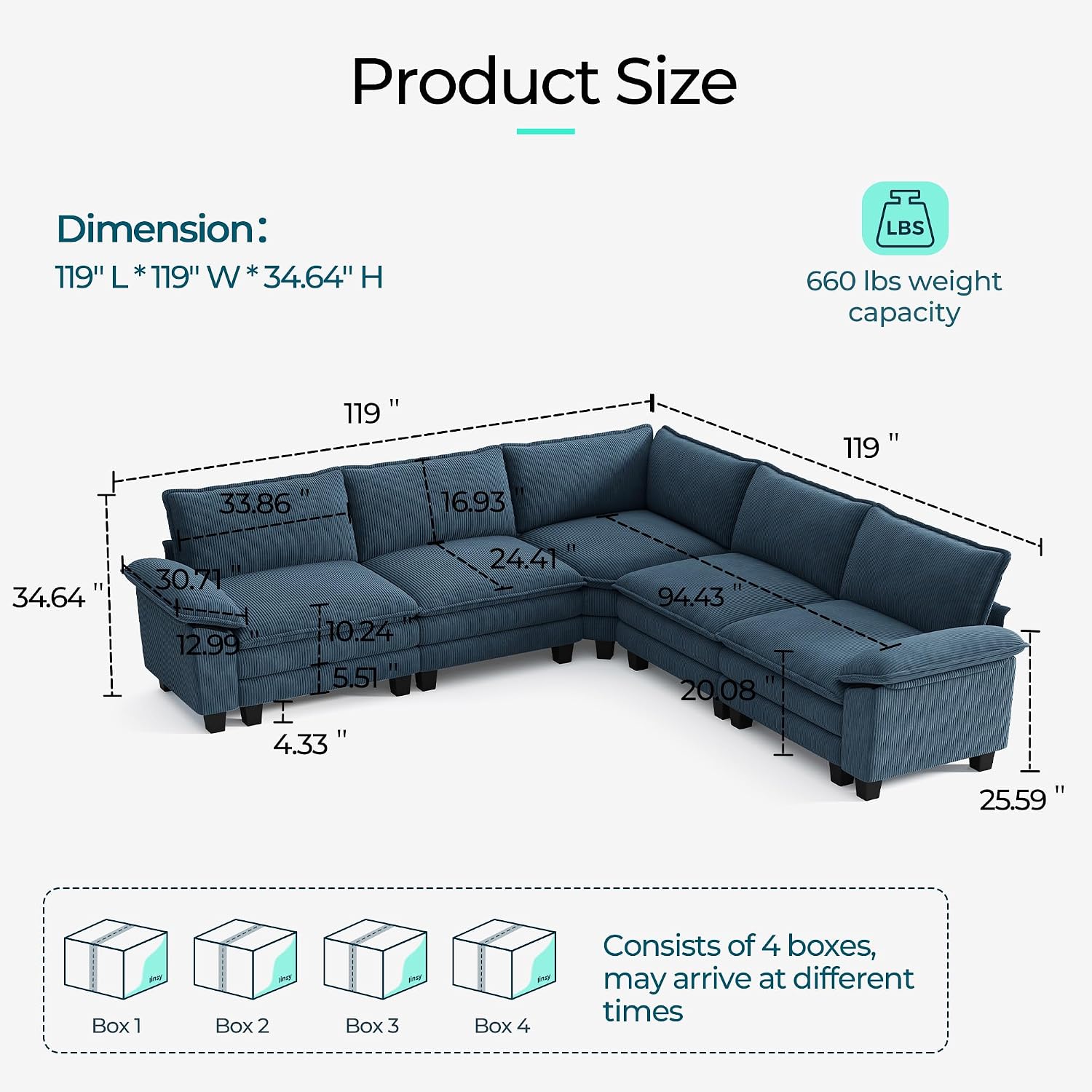 LINSY HOME Modular Sectional Sofa, 5-Seat Corduroy Modern Cloud Couch with Deep Seat, Perfect for Living Room, Office, Bedroom, Blue
