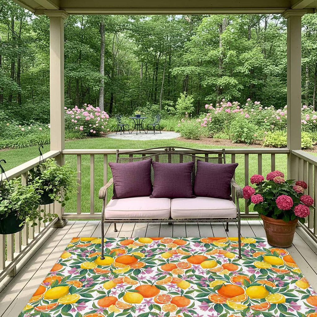 Orange Lemons Outdoor Rug for Patio/Deck/Porch, Non-Slip Large Area Rug 4 x 6 Ft, Summer Botanical Pastoral Elegant Indoor Outdoor Rugs Washable Area Rugs, Reversible Camping Rug Carpet Runner