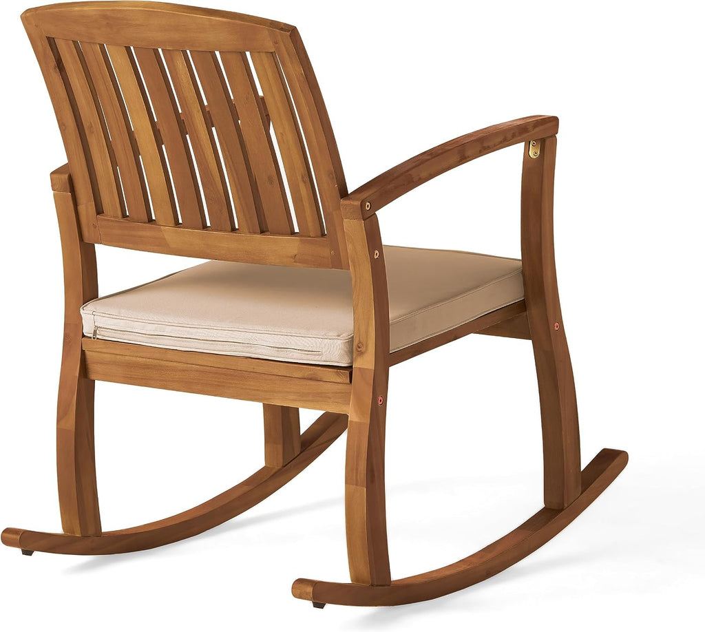 Acacia Wood Outdoor Rocking Chair with Cushions,Weather-Resistant Hardwood & Included Water-Resistant Cushions， Comfortable Slat Back Design for GardenLawn