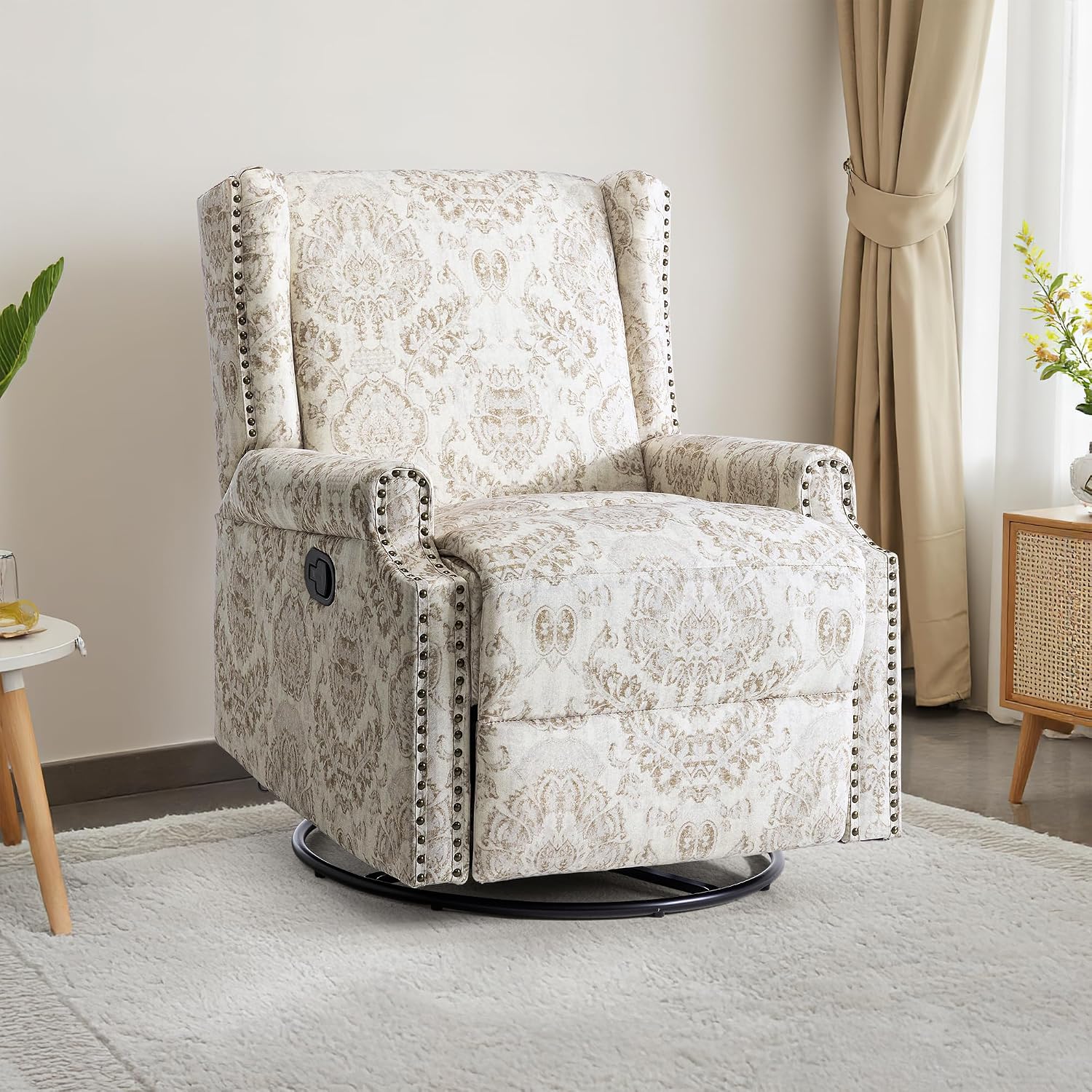 Swivel Rocker Recliner Chair, 360° Swivel Wingback Recliner Chairs for Living Room, Upholstered Printed Fabric Glider Rocking Chair with High Back, Deep Seat forBedroom, Beige