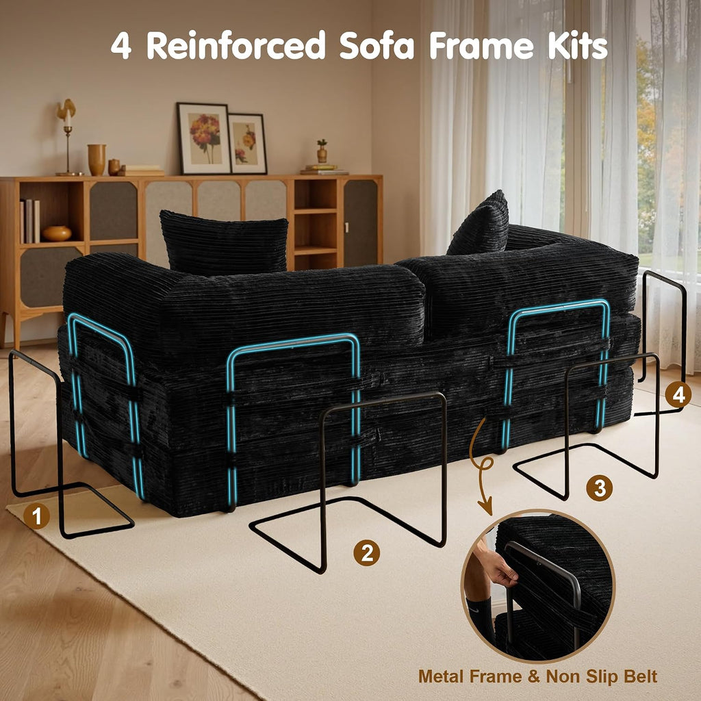 81″ Convertible Sleeper Sofa Bed with Pillows, Corduroy Foldable Mattress Couch with Fixed-Shape Frame, Futon Sofa Bed, Boneless Couch for Living Room Bedroom Lounge Studio, Black
