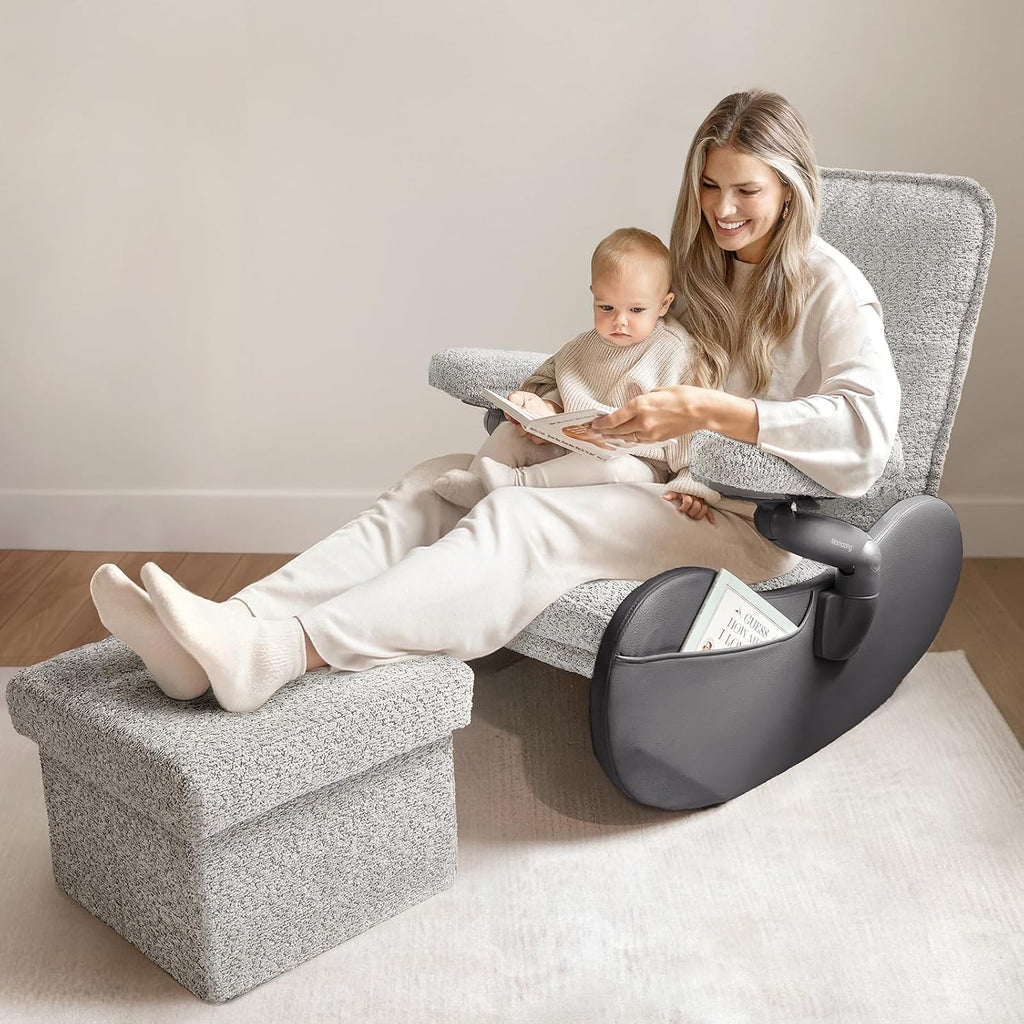 MAMAZING Lullabud Nursery Rocking Chair Glider with Ottoman for Breastfeeding, Upholstered Nursing Chair with Removable Cover for Mom and Baby, Reading Chair for Bedroom, Living Room(Black/Grey)