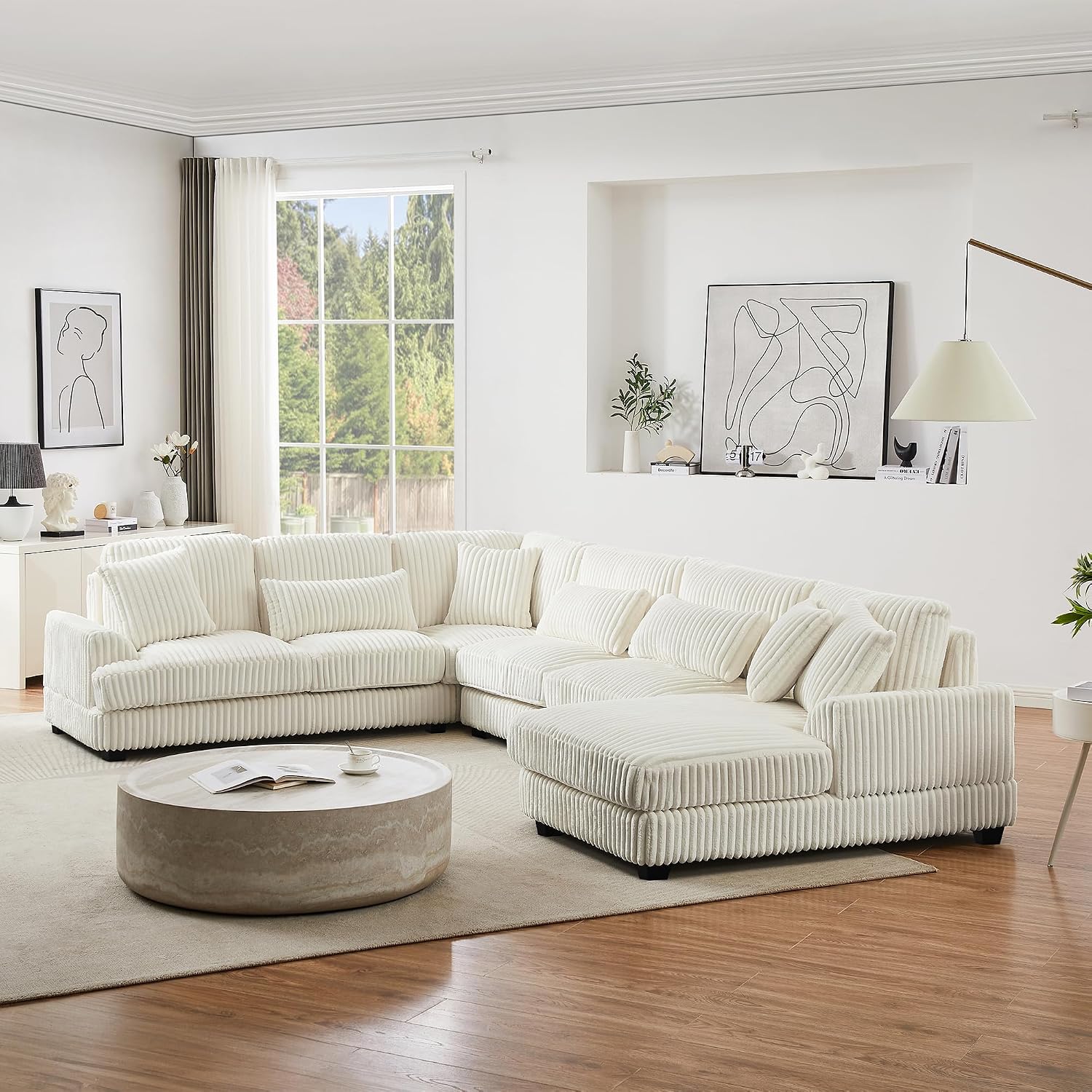 Ball & Cast 129' Oversized Sectional Sofa U-Shaped Sofa Couch with a Chaise Lounge Corduroy Modern Sofas Comfy Couches for Living Room, Beige