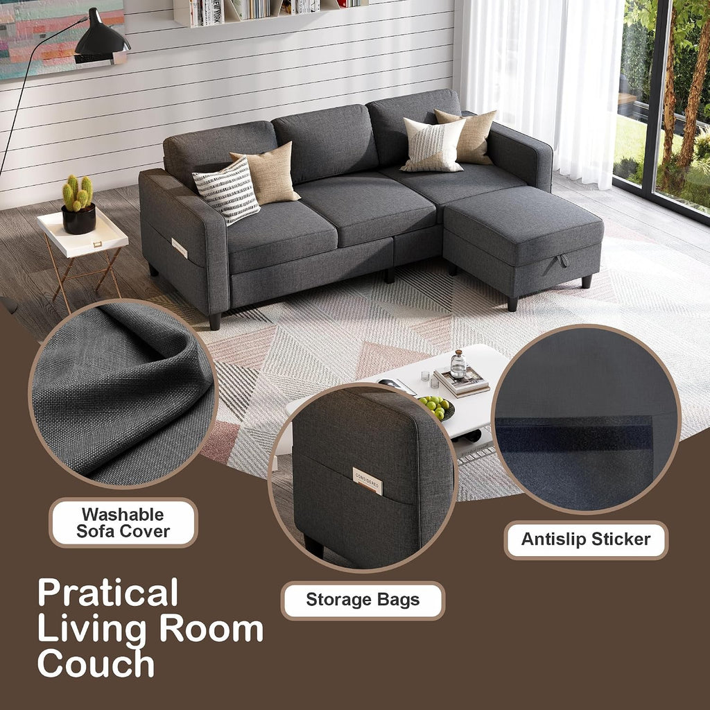 Grzyhem Sectional Sofas Couches for Living Room 78' L-Shaped Small Couch - Modern Linen Dark Grey Sofa with Storage Ottoman for Apartments, Studios Home Offices, Small Space