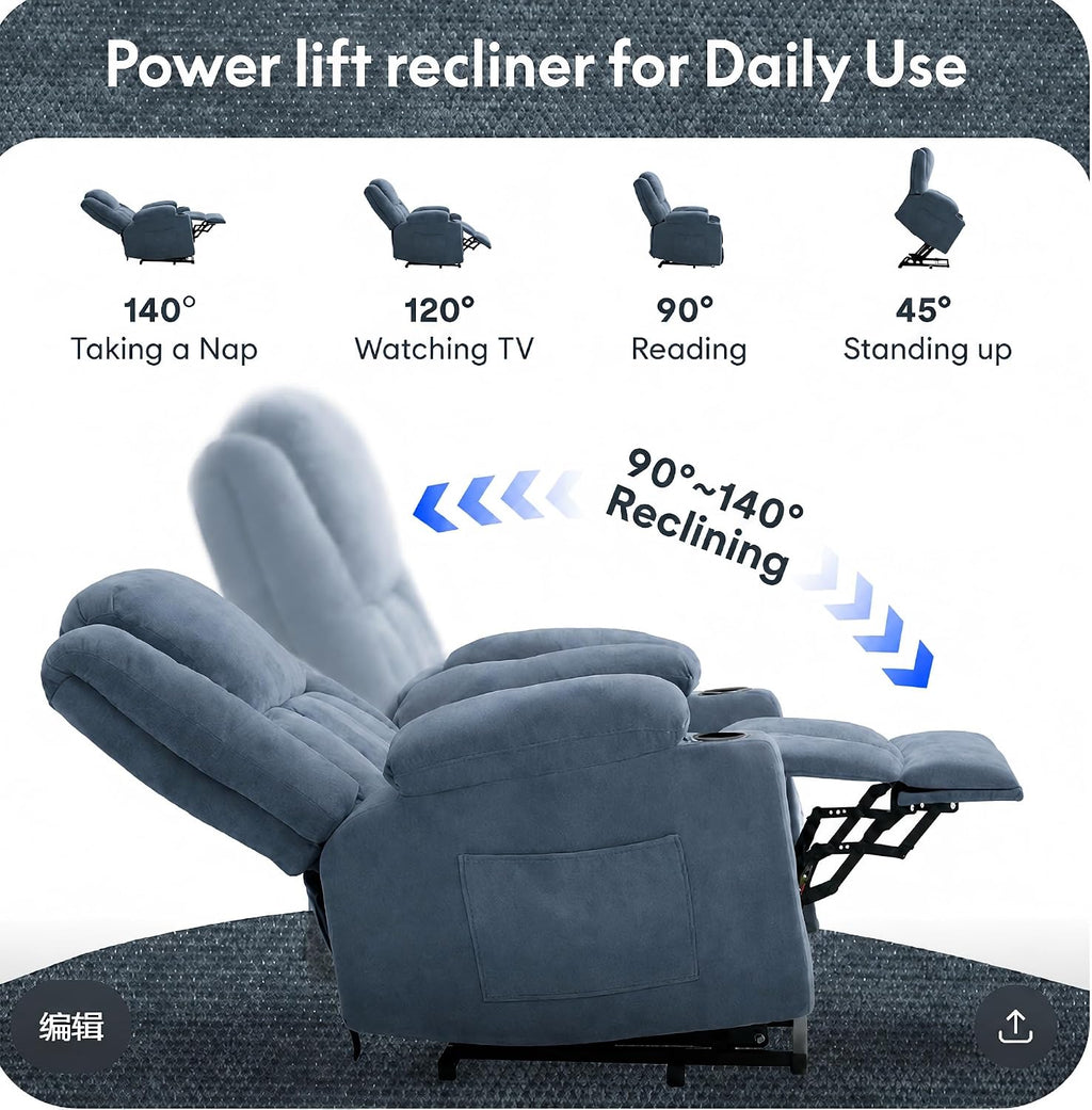FLEXISPOT XL31 Power Lift Recliner Chair for Elderly, Electric Lift Chair with Massage & Heat, Fabric Reclining Sofa w/USB & Type-C Charging for Living Room Bedroom(Medium Size, Denim Blue)