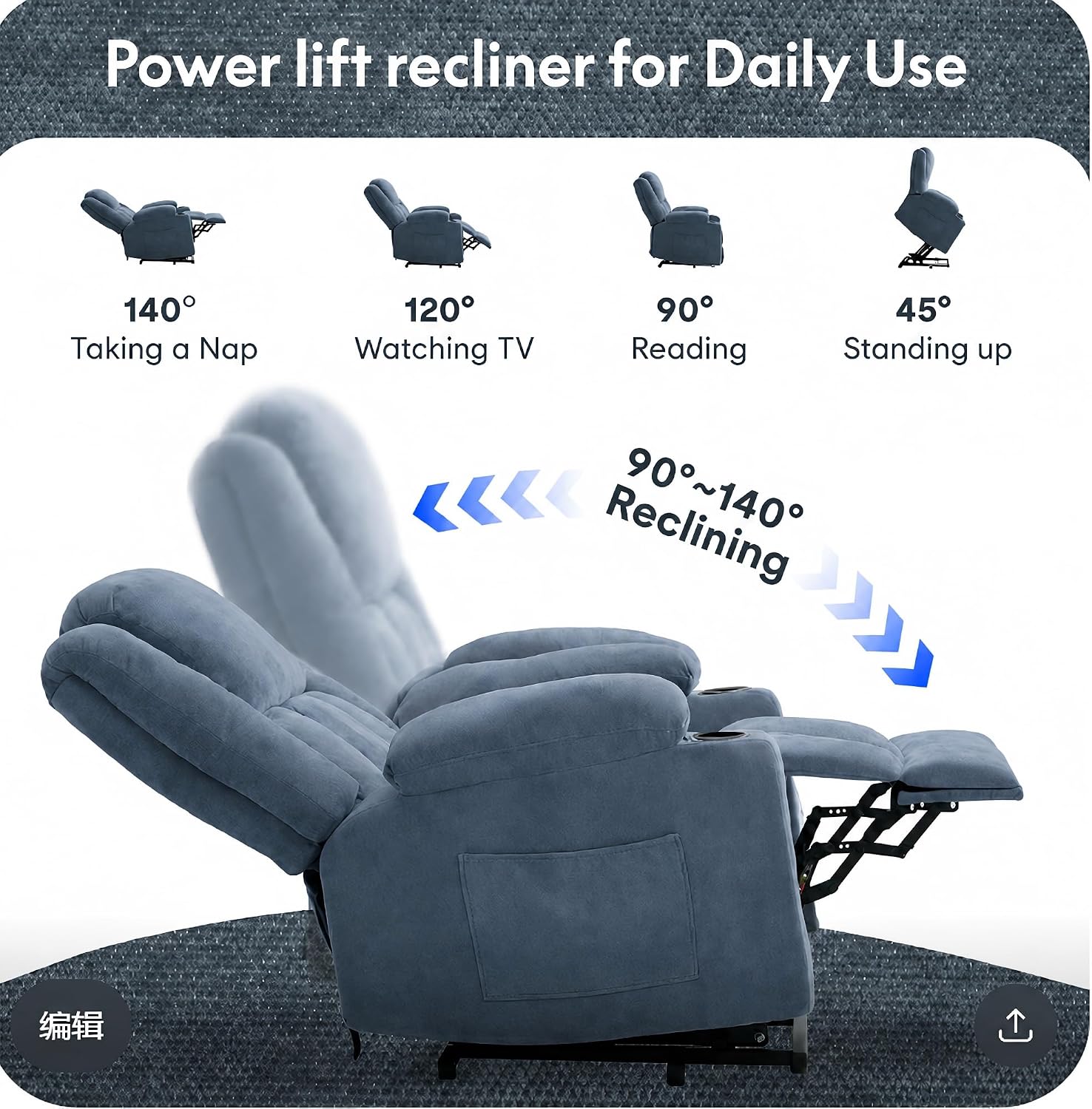 FLEXISPOT XL31 Power Lift Recliner Chair for Elderly, Electric Lift Chair with Massage & Heat, Fabric Reclining Sofa w/USB & Type-C Charging for Living Room Bedroom(Medium Size, Denim Blue)