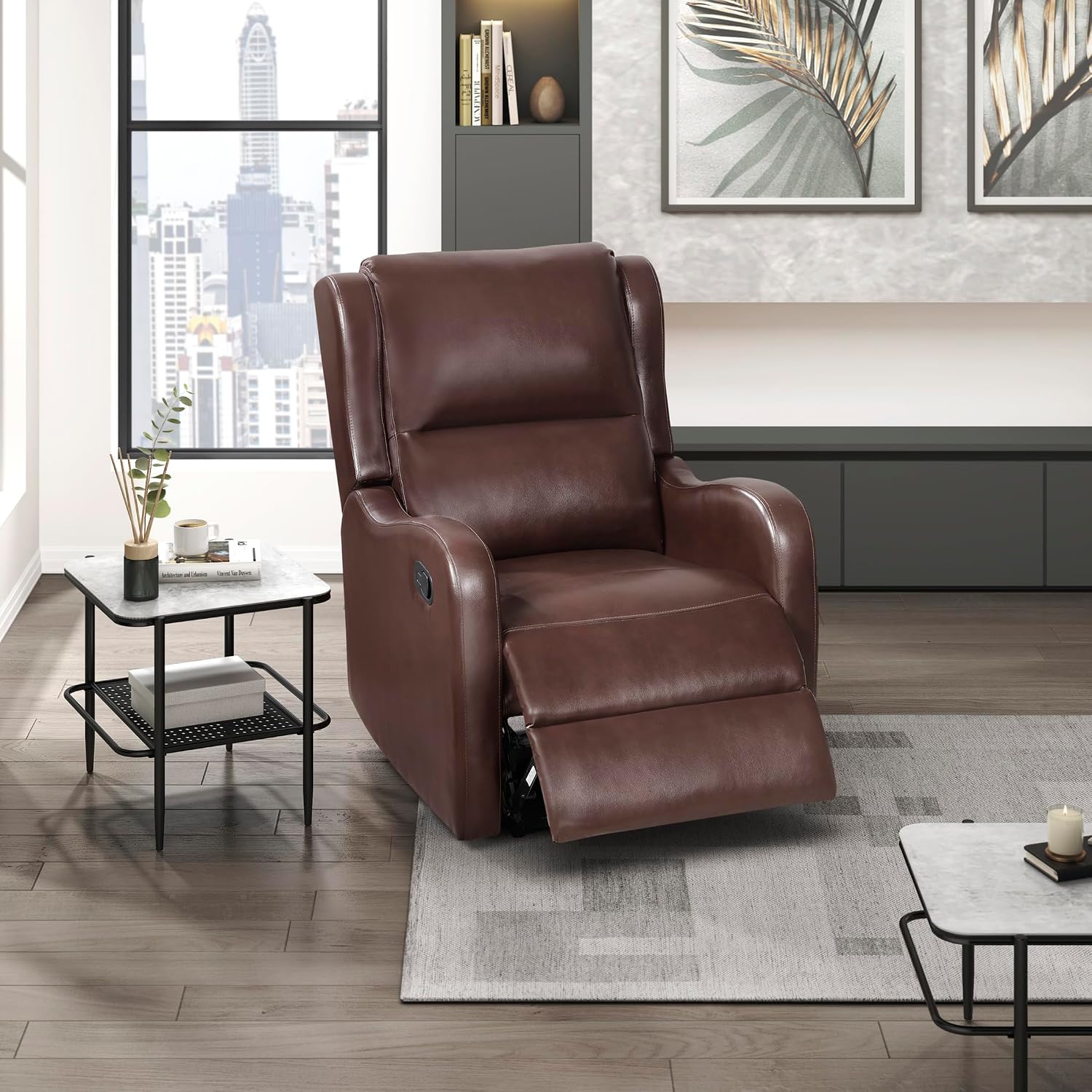 Lexicon Manual Recliner Chair, Reclining Sofa Chair, Home Theater Seating, Wall Hugger, Manual Recliner for Living Room/Office/Apartment, Easy Assembly, Brown Faux Leather