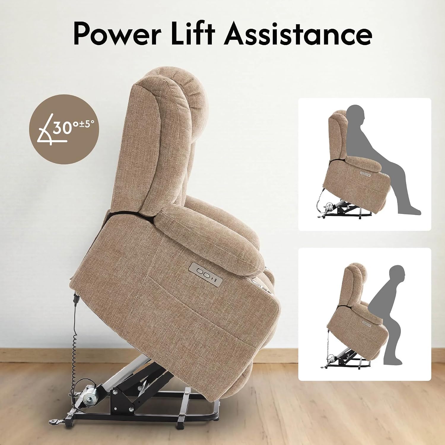 FLEXISPOT Power Lift Recliner Chair with Massage & Heat, Single Motor Lift Chair, Chenille Fabric Upholstery, USB/Type-C, Cup Holders, Side Pockets
