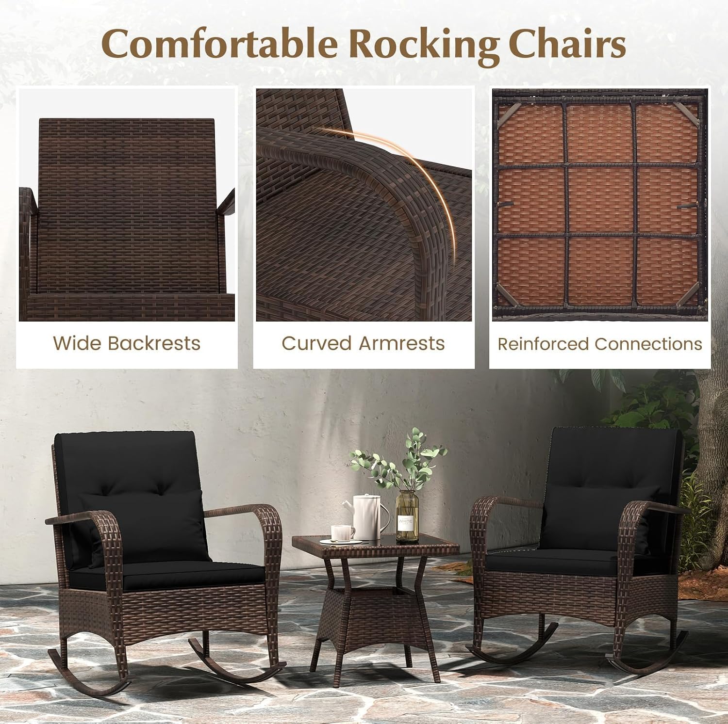 HAPPYGRILL 3 Piece Outdoor Rocking Bistro Set, Rattan Wicker Rocking Chairs with Tempered Glass Coffee Table, Rocker Chairs Set with Cushions & Pillows, for Backyard, Porch, Poolside (Black)