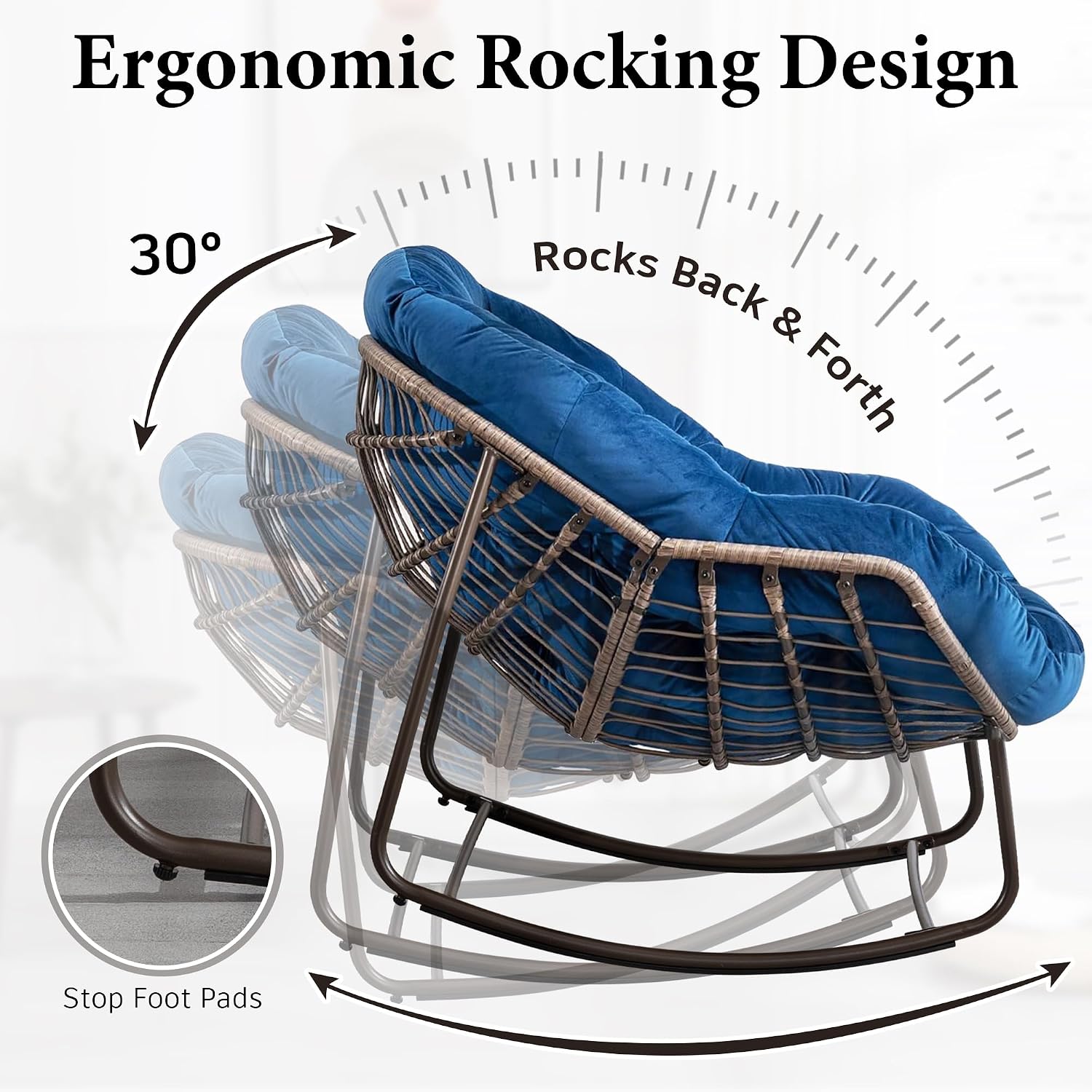 Large Indoor Outdoor Rocking Chair, Oversized Rocking Papasan Chair with Thick Cushion and Frame Outdoor Rocker, Comfy Wicker Egg Chairs Lounge for Outside Porch Patio Backyard (Blue, Set of 2)