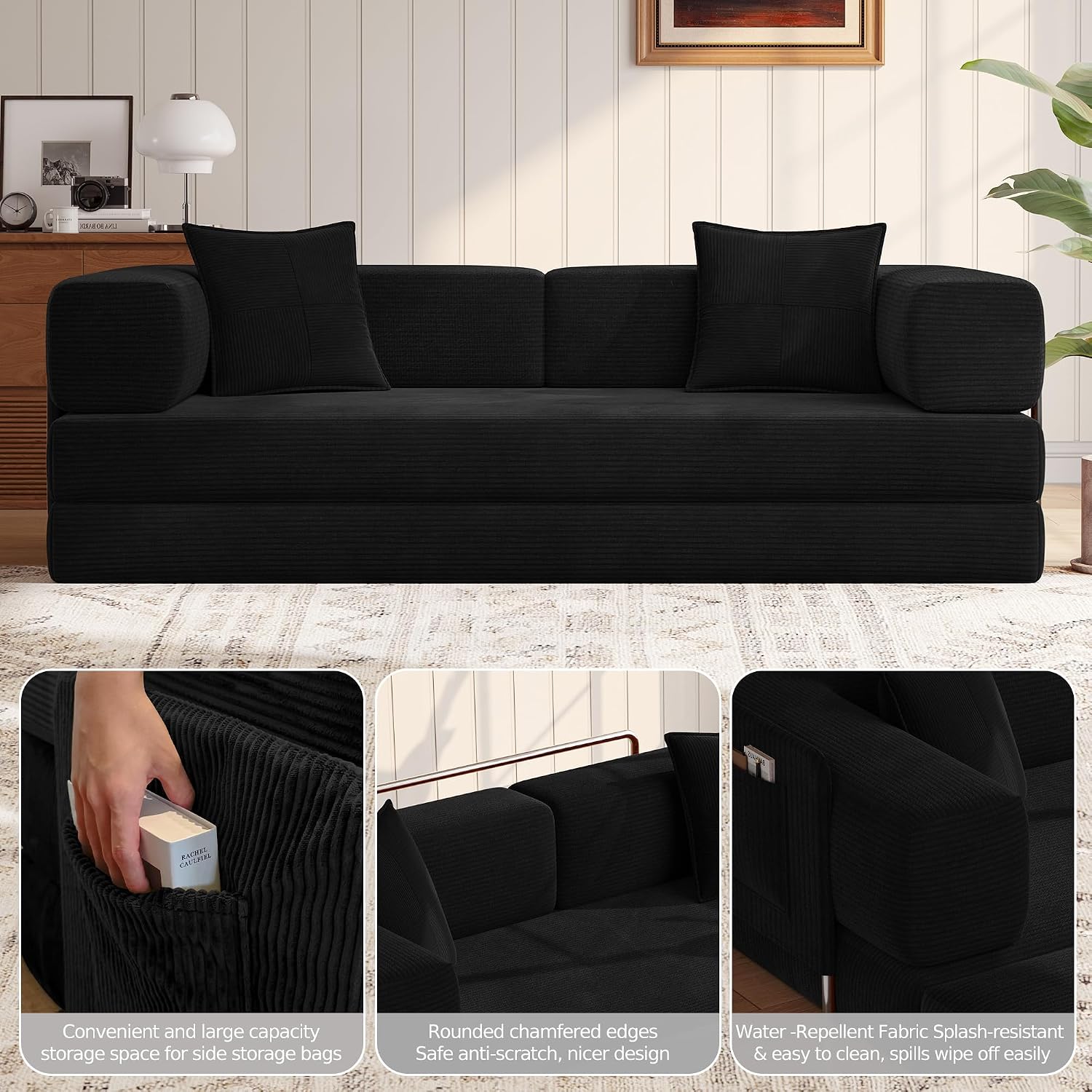 MoonSpeak 78.8''Sleeper Couch Bed for Livingroom,Convertible Modular Sofa with Armrest Pillow,Modular Foldable Corduroy Couches in a Box,No Assembly (Black)