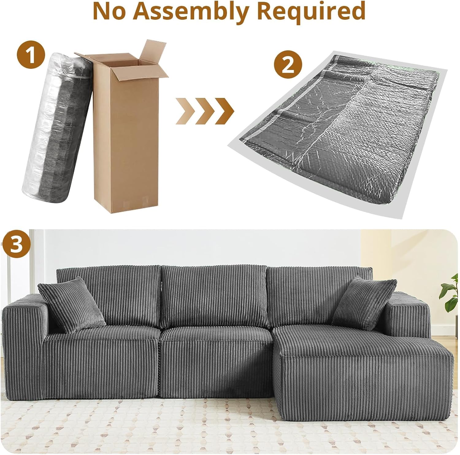 Garvee Boneless Cloud Couch 108' Sectional Modern Comfy l-Shape Convertible Compression Sleeper Modular Sofa with Corduroy Fabric Deep Seat Loveseat + Chaise for Living Room No Assembly Required