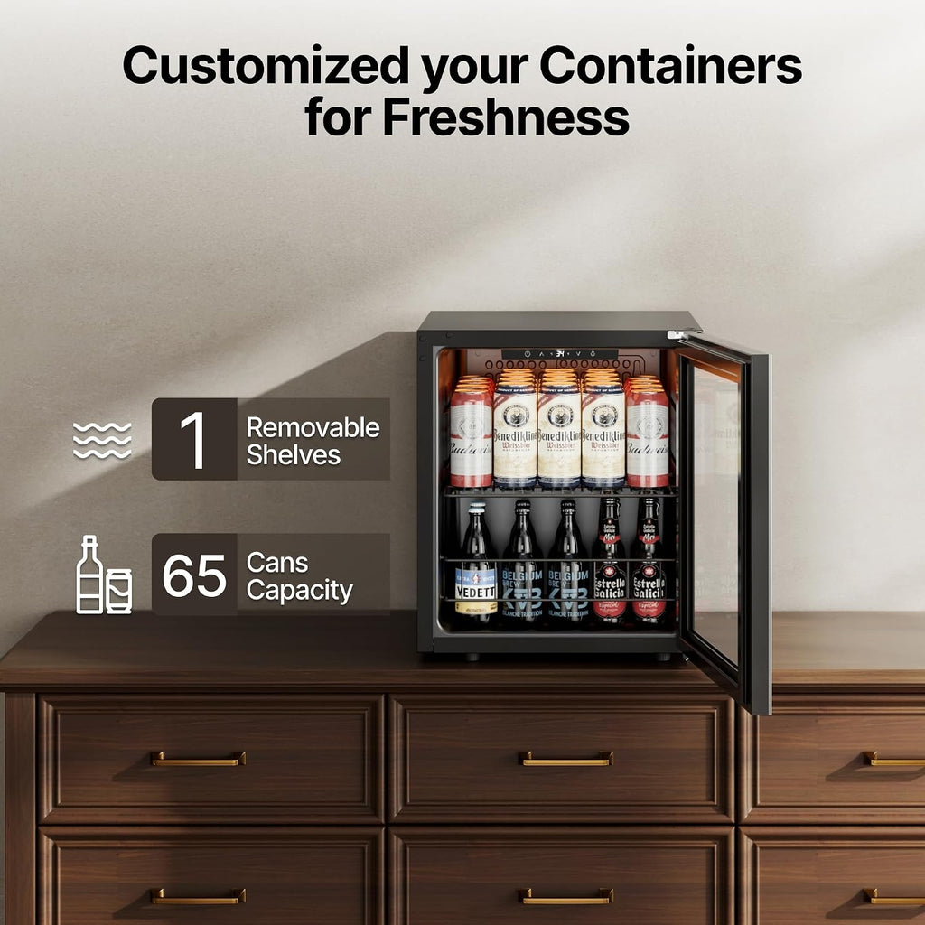 Ca'Lefort Mini Fridge Beverage Cooler, 65 Can Beverage Refrigerator with Reversible Glass Door, Adjustable Shelves for Soda, Beer & Drinks, Digital Temperature Control for Dorm, Office & Home