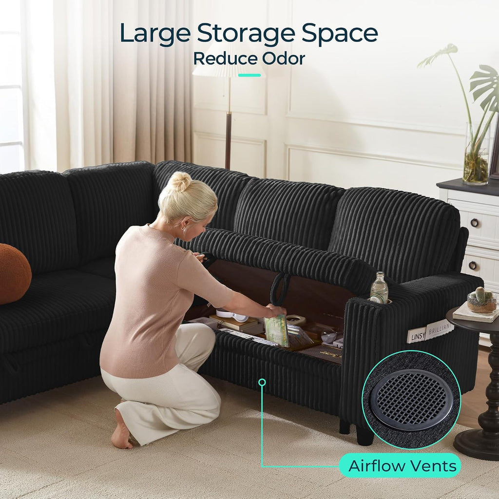LINSY HOME Sectional Sleeper Sofa with Pull Out Couch Bed - Convertible Plush Corduroy Cloud Couch with Storage Chaise & USB Charging, Comfy Modular Couches for Living Room, Black