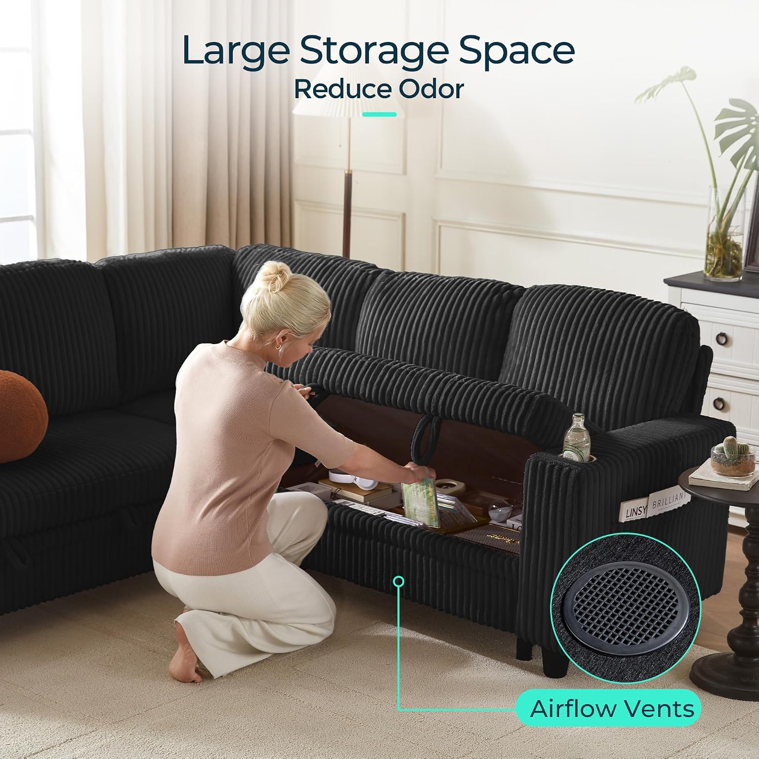 LINSY HOME Sectional Sleeper Sofa with Pull Out Couch Bed - Convertible Plush Corduroy Cloud Couch with Storage Chaise & USB Charging, Comfy Modular Couches for Living Room, Black