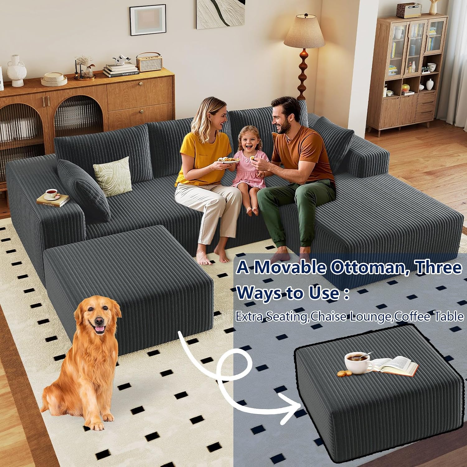 96' Modular Sectional Sofa with Ottoman, Modern Corduroy Cloud Couch with Deep Seat, Boneless Couch Upholstered 3-Seater U-Shaped Sofa for Living Room, No Assembly (Grey, Right-Facing Chaise)