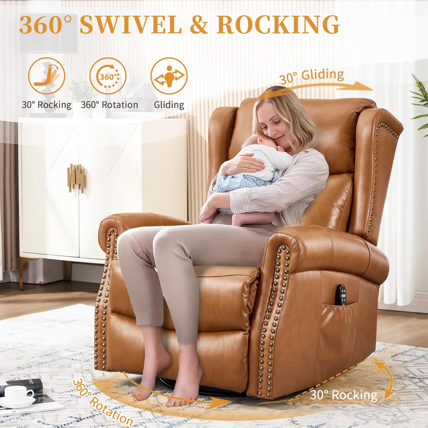 360° Swivel Glider Chair for Nursery, Wingback Genuine Leather Rocking Recliner with Lumbar Heat & Massage, 8-Point Vibration Massage for Living Room Bedroom