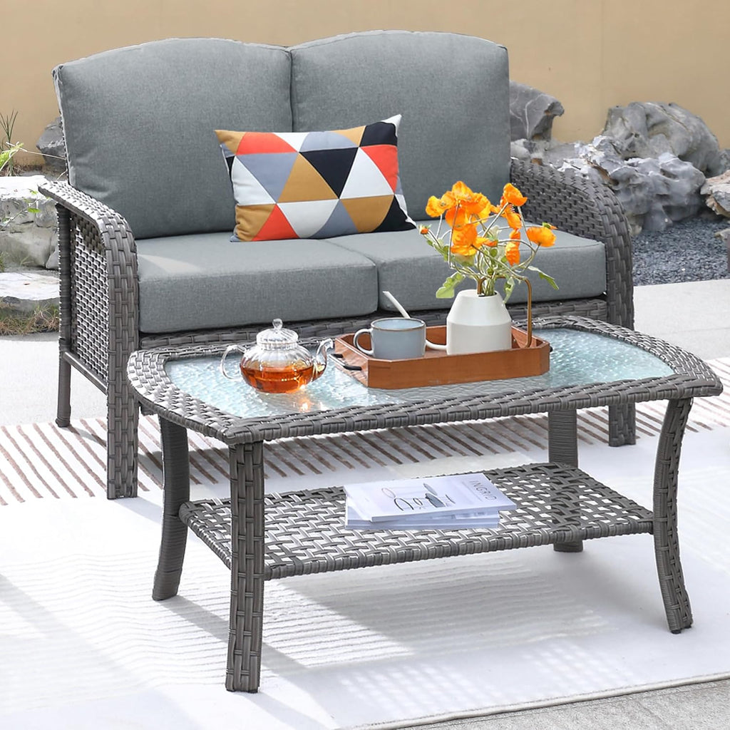 ovios 2-Piece Patio Furniture Set, Outdoor Wicker Sofa with Coffee Table, High Back Rattan Couch Loveseat with Comfy Cushions for Porch Yard Deck, Dark Grey