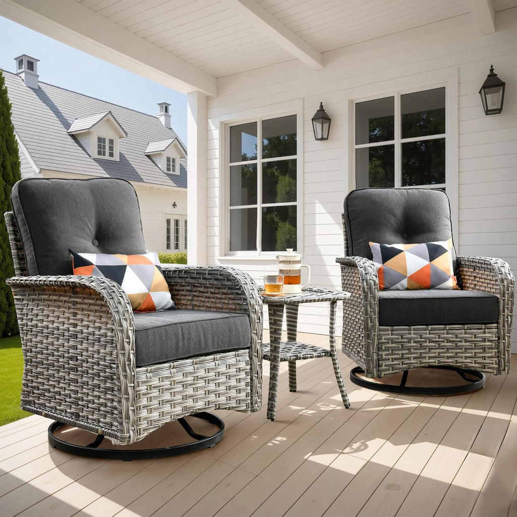 ovios Outdoor Swivel Rocking Chair Set of 3 with Coffee Table, Patio Wicker Rocker with Comfortable Thicken Deep Seating, Comfy Rattan Glider Chairs for Porch Deck Balcony Garden Backyard, Black
