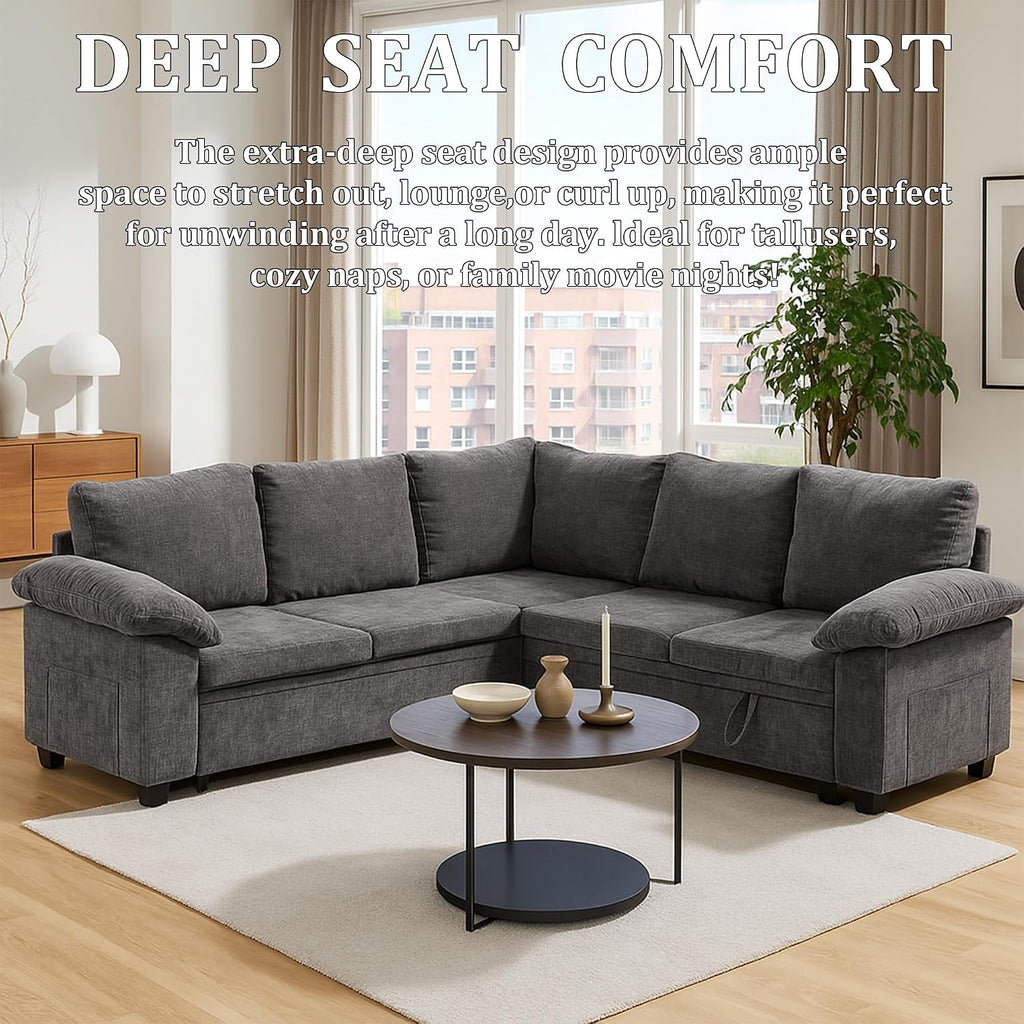 86 Inch Sectional Sleeper L Shaped Sofa with Pull Out Bed, Modular Sectional Sofa with Storage, Modern Chenille Cloud Couch, Sectional Couches for Living Room, Gray