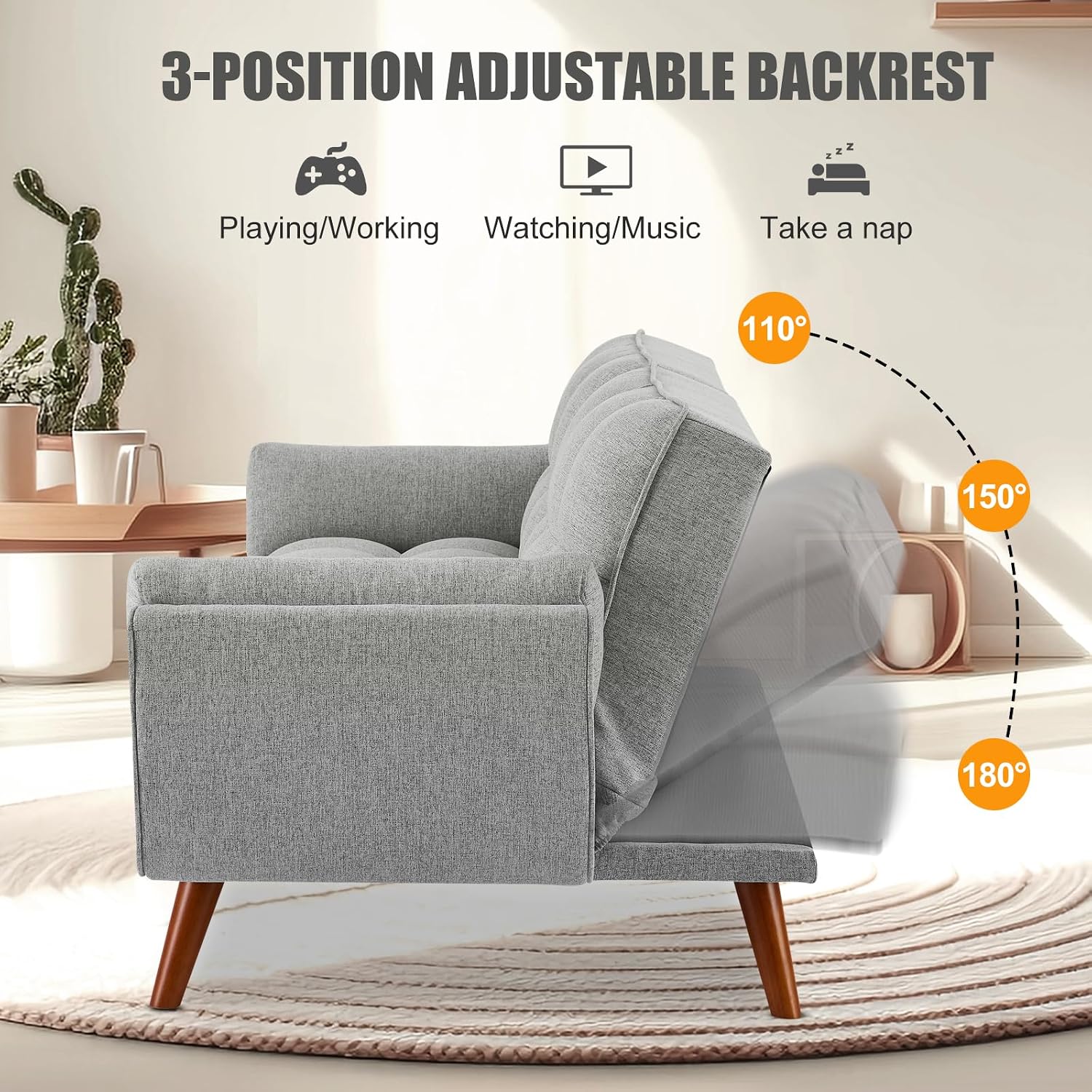 Convertible Futon Sofa Bed, Sleeper Couch Bed with Adjustable Backrests, Linen 3 Seater Small Couches for Small Spaces, Living Room, Bedroom(Gray, 75')