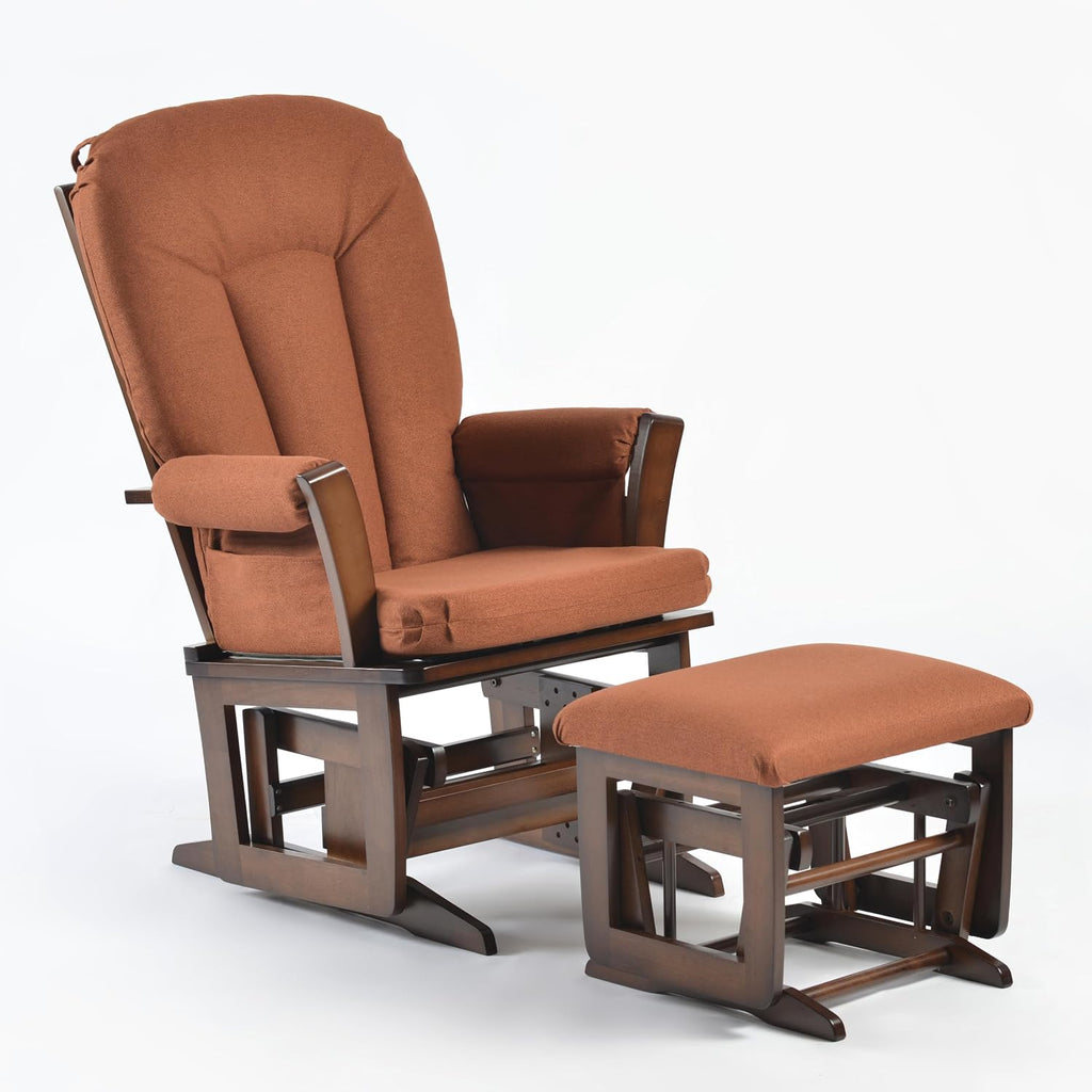 Joli Deluxe Glider Chair and Ottoman Set (Terracotta Fabric and Walnut Frame)