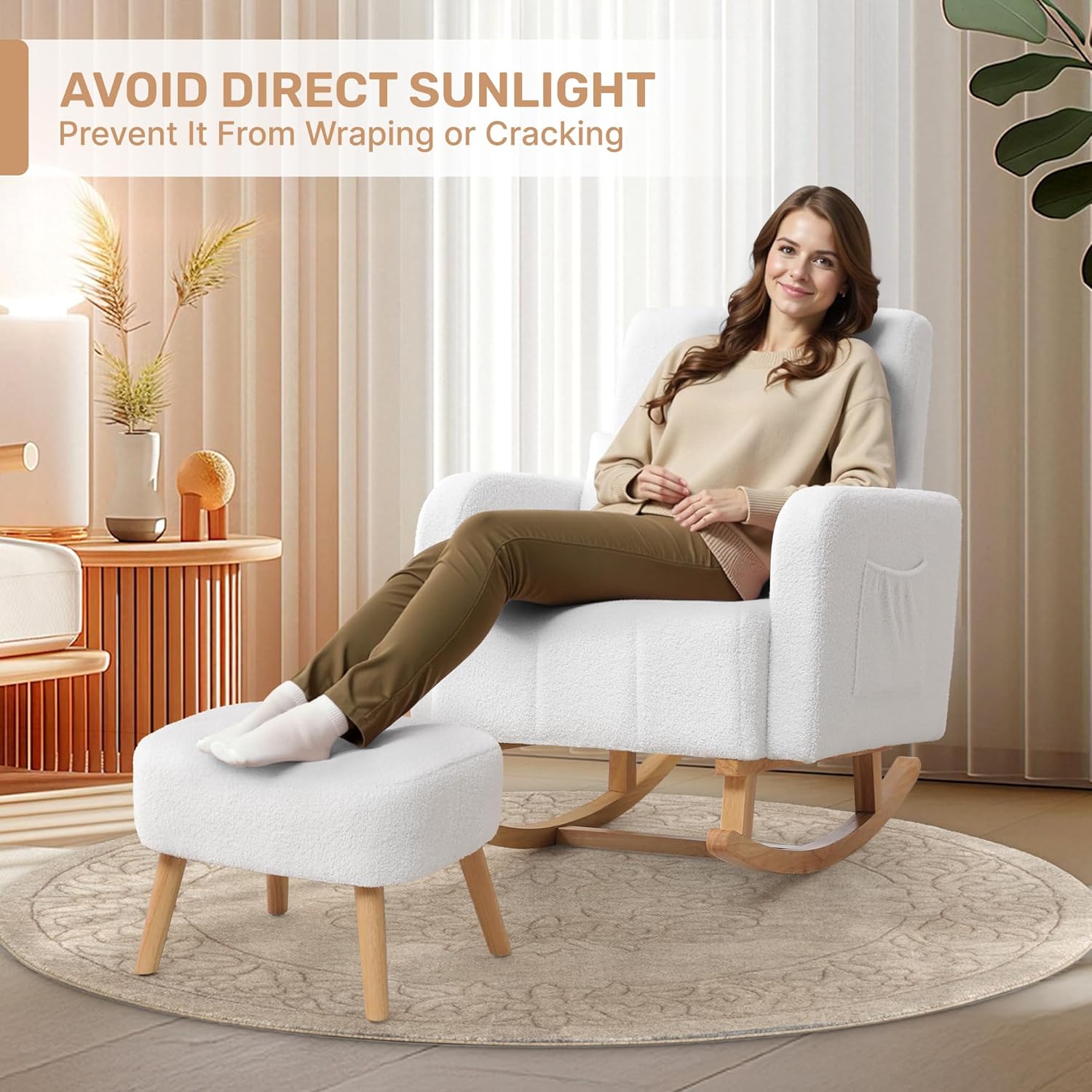 HCHAIRH Rocking Chair with Ottoman, Upholstered Glider Rocker with High Backrest and Side Pocket, Comfy Reading Chair with Solid Wood Legs for Nursery, Living Room,Bedroom White