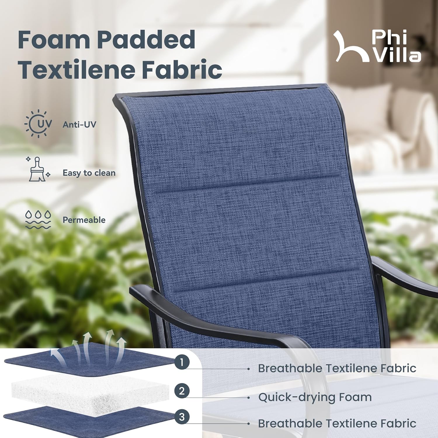PHI VILLA Patio Swivel Dining Chairs Set of 2, All Weather Outdoor Chair with Padded Textilene & Black Metal Frame for Outdoor Lawn Garden Pooside (Blue)